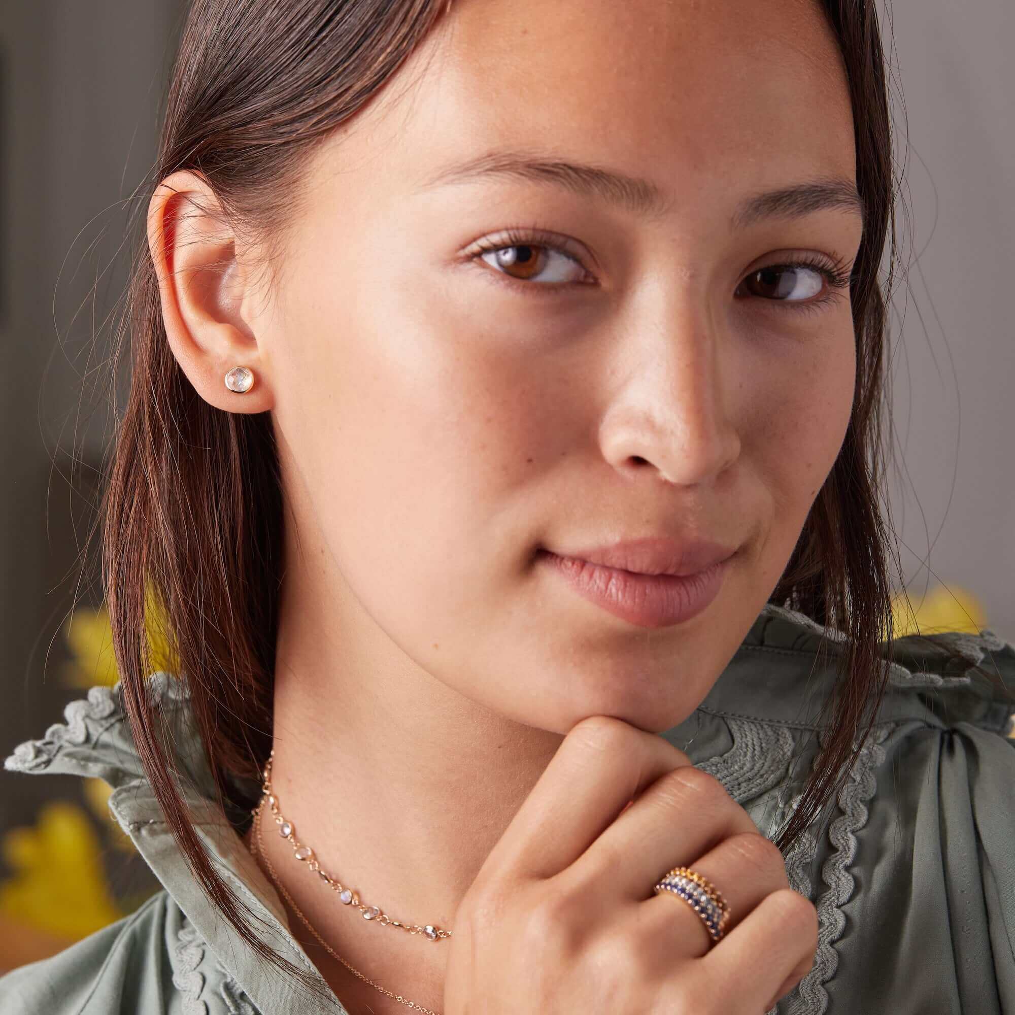 Grand Moonstone Stud Earrings in 14k Gold (June) - Image 2