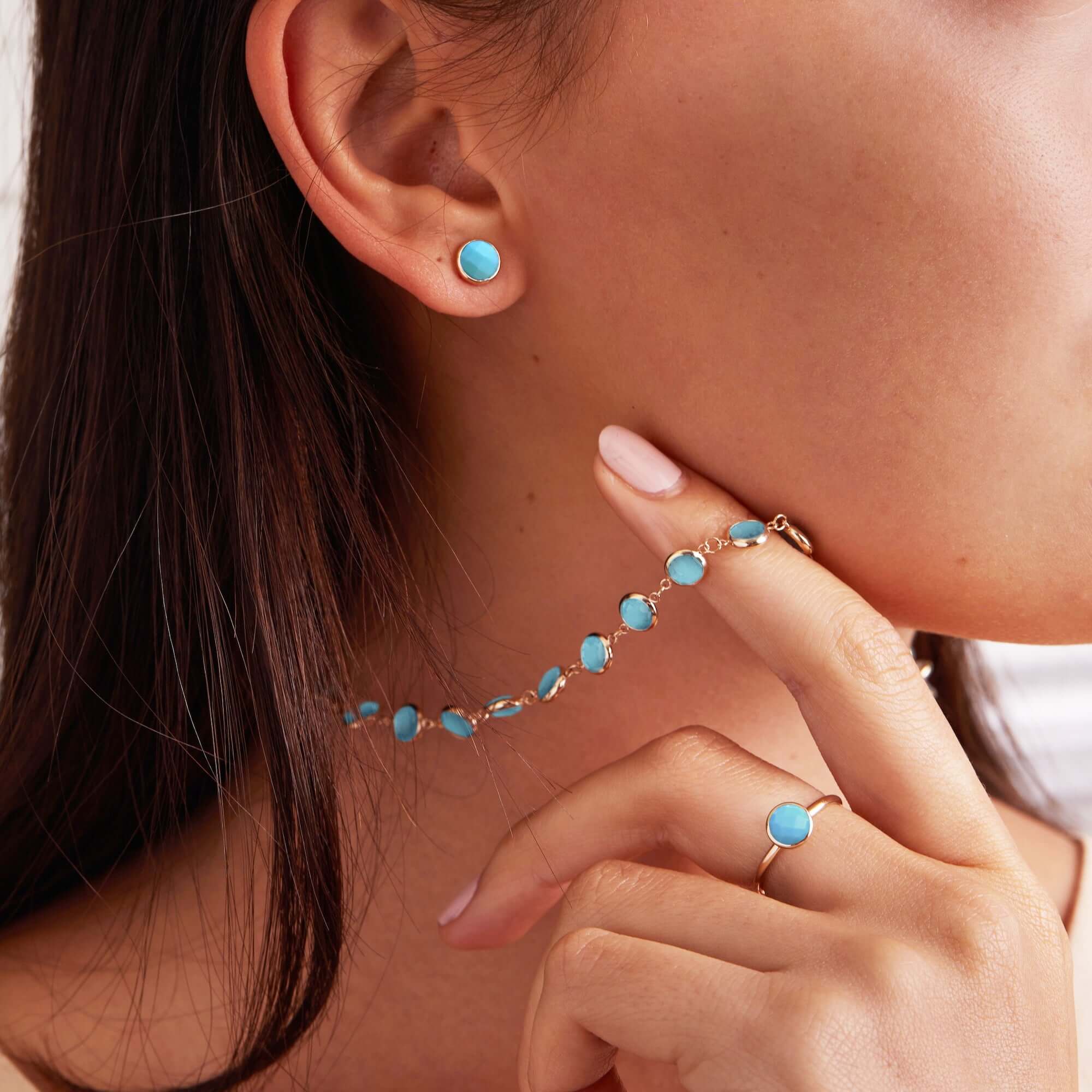 Grand Turquoise Stud Earrings in 14k Gold (December) - Image 3