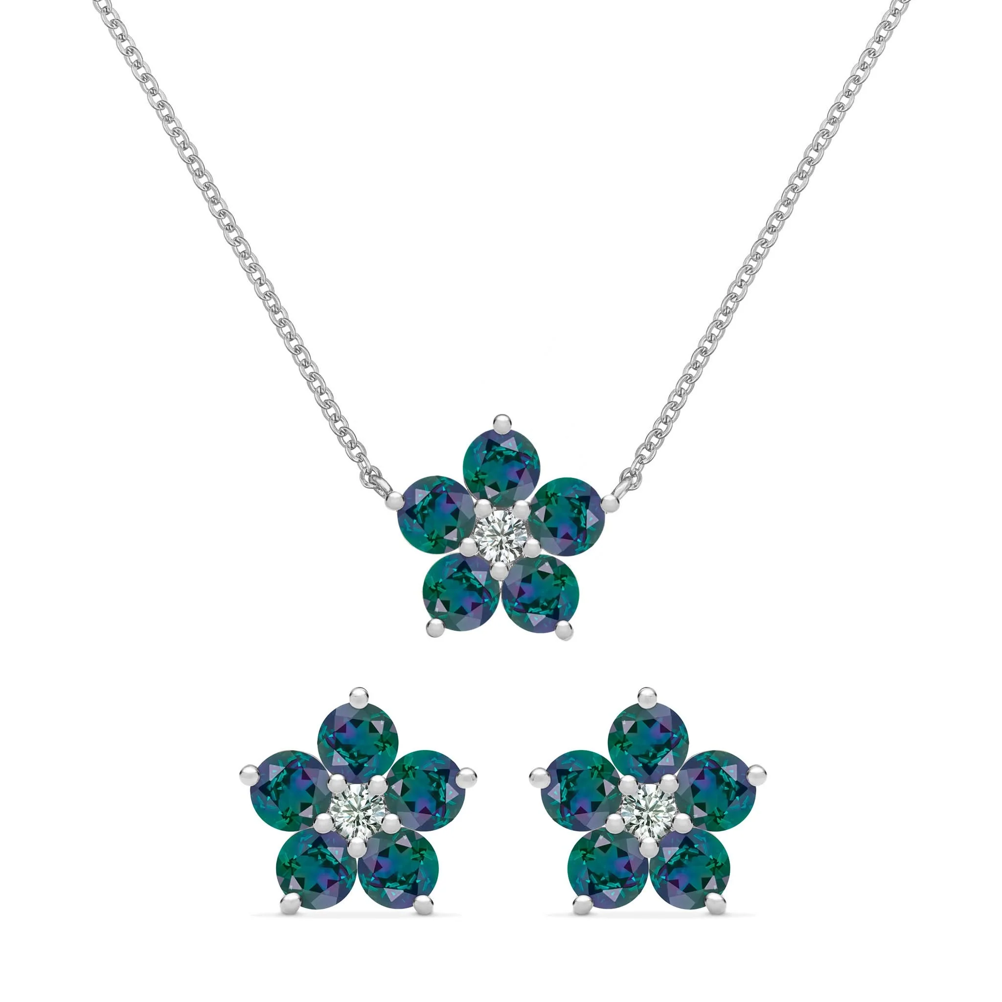 Greenwich Flower Alexandrite & Diamond Necklace and Earrings Set in 14k Gold (June) - Image 8