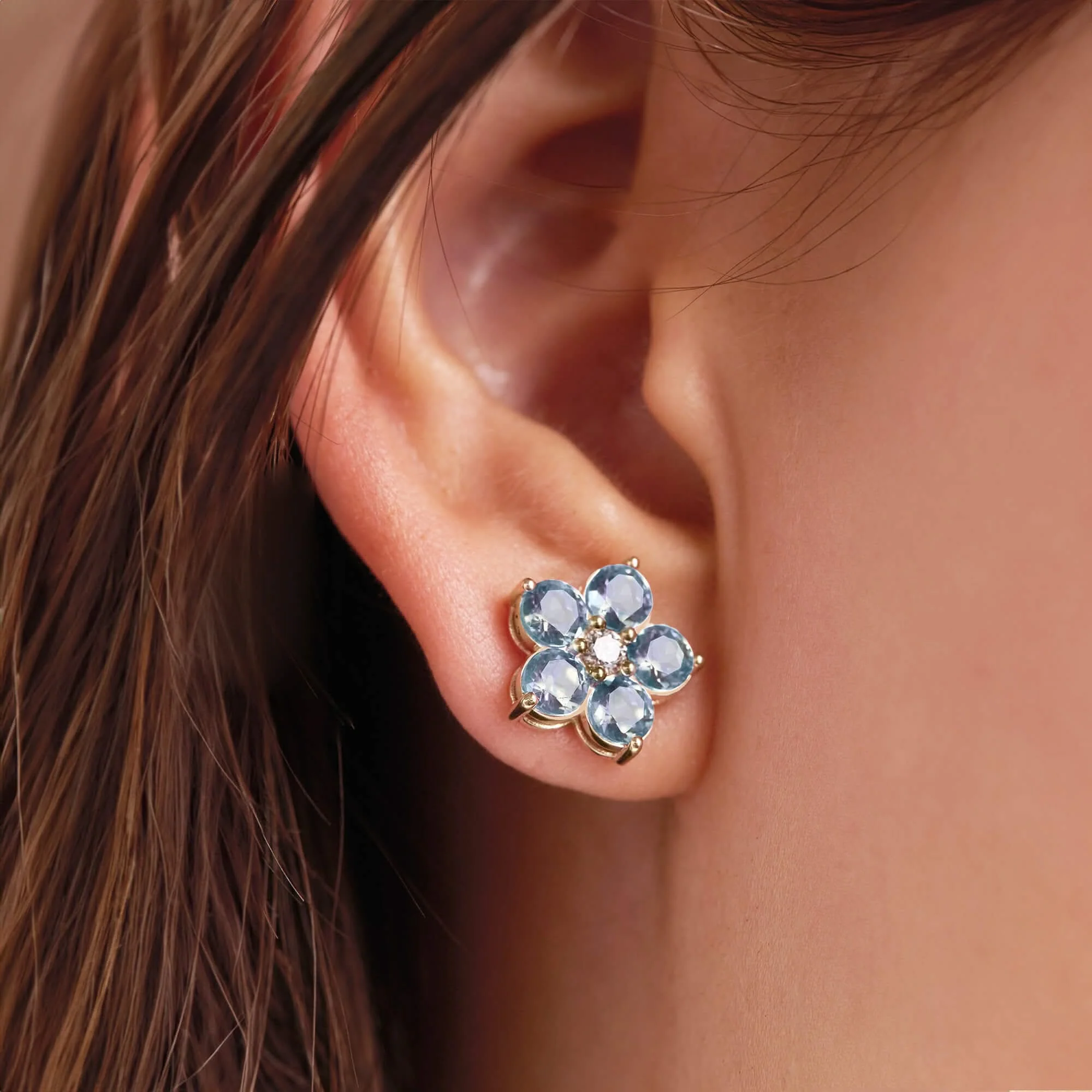 Greenwich Flower Aquamarine & Diamond Earrings in 14k Gold (March) - Image 6