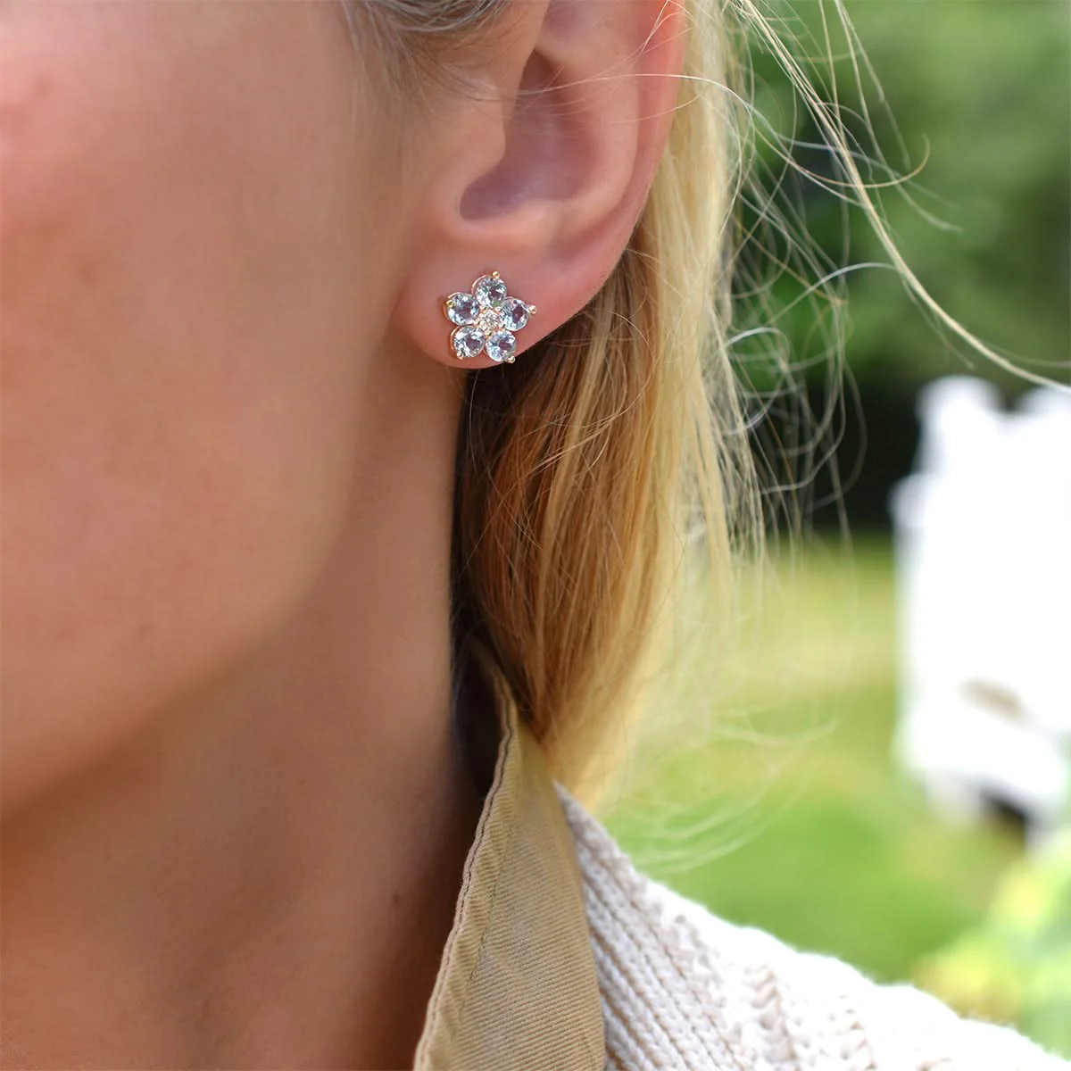 Greenwich Flower Aquamarine & Diamond Necklace and Earrings Set in 14k Gold (March) - Image 14