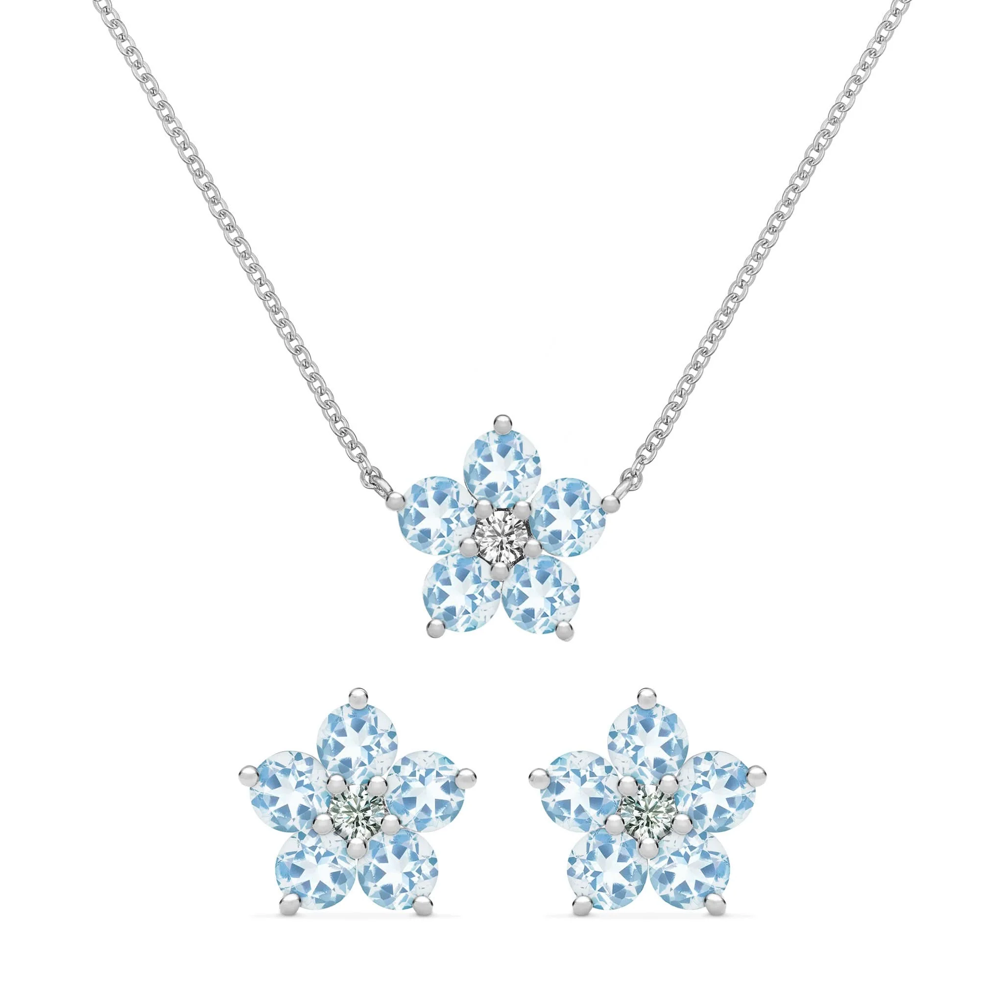 Greenwich Flower Aquamarine & Diamond Necklace and Earrings Set in 14k Gold (March) - Image 8