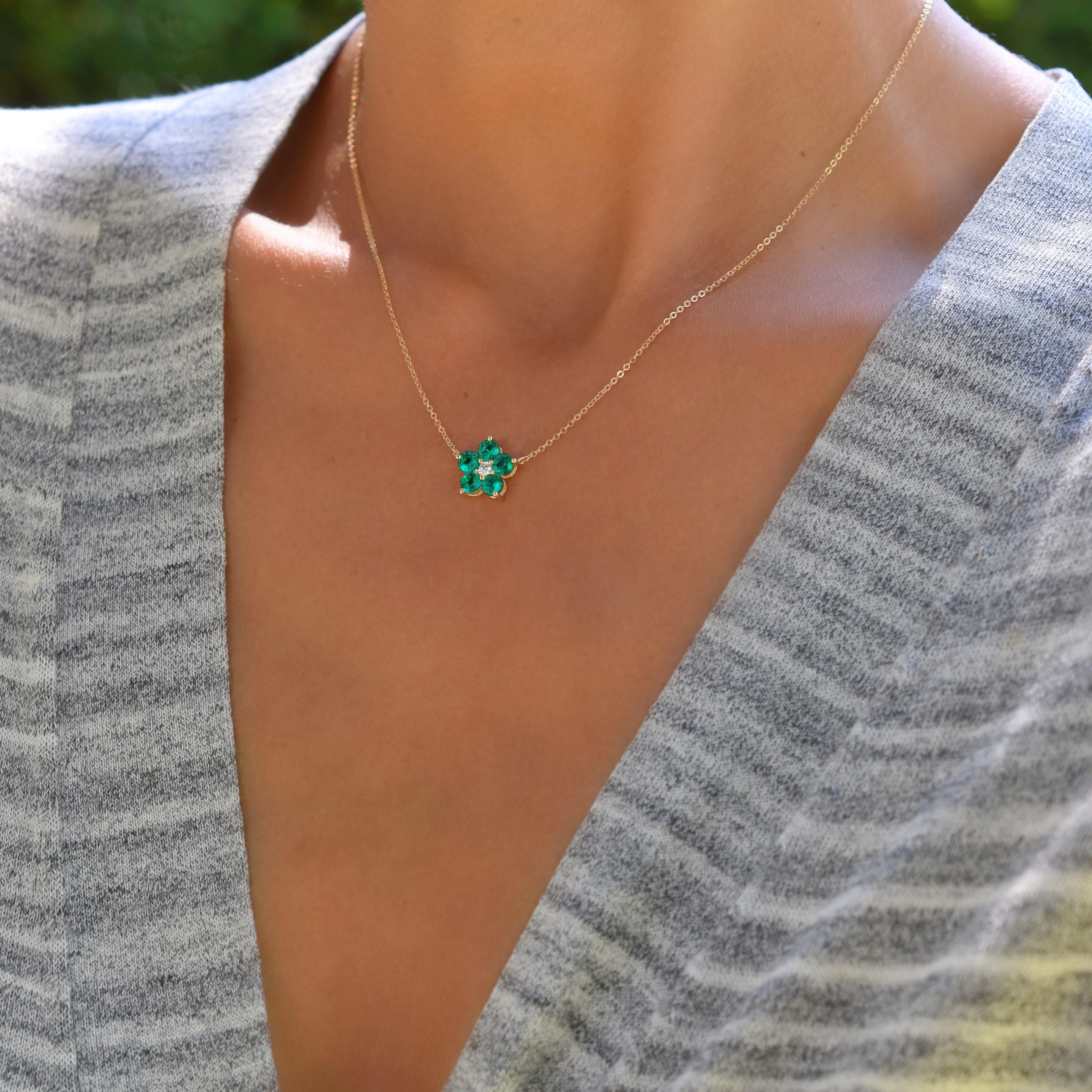 Greenwich Flower Emerald & Diamond Necklace and Earrings Set in 14k Gold (May) - Image 10