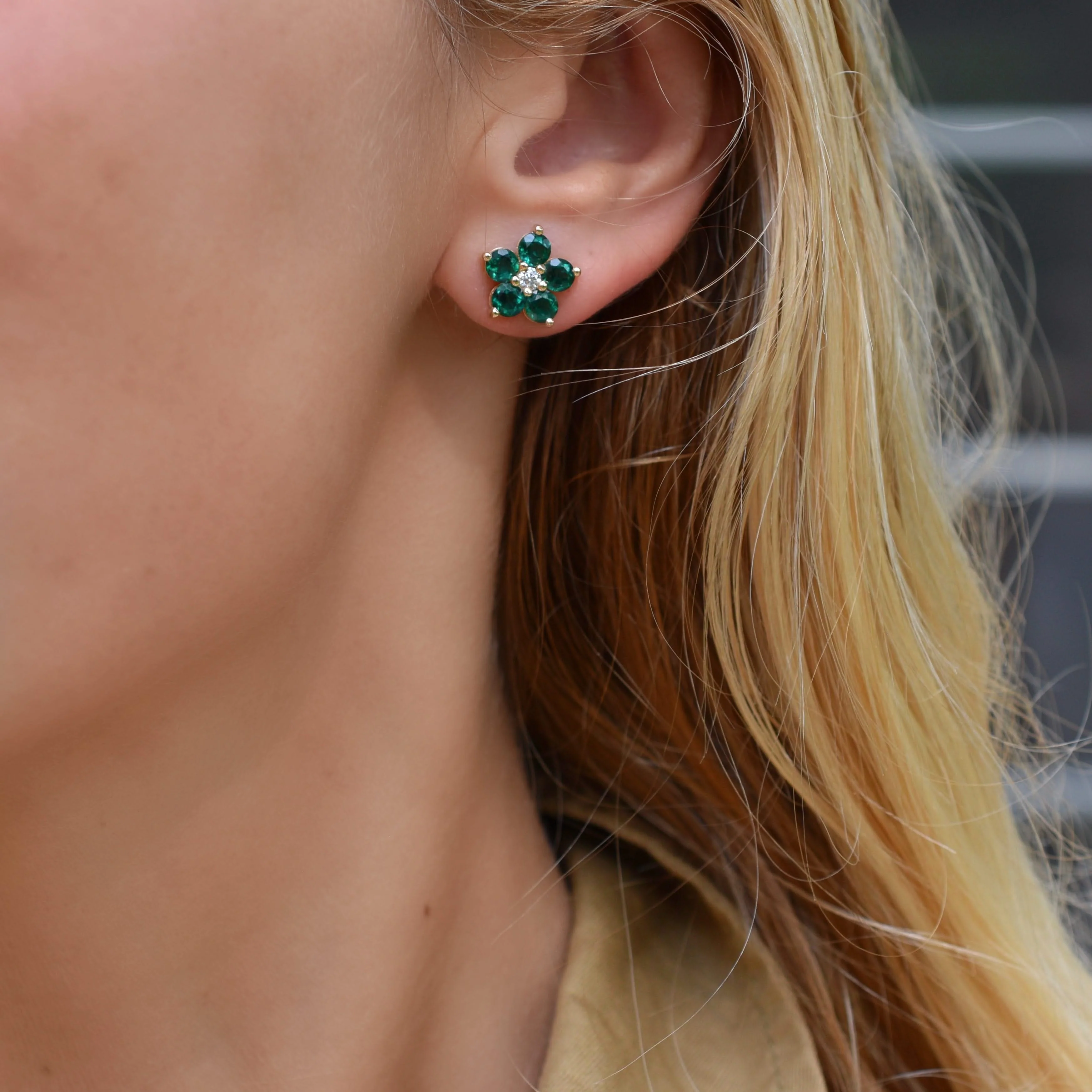 Greenwich Flower Emerald & Diamond Necklace and Earrings Set in 14k Gold (May) - Image 12