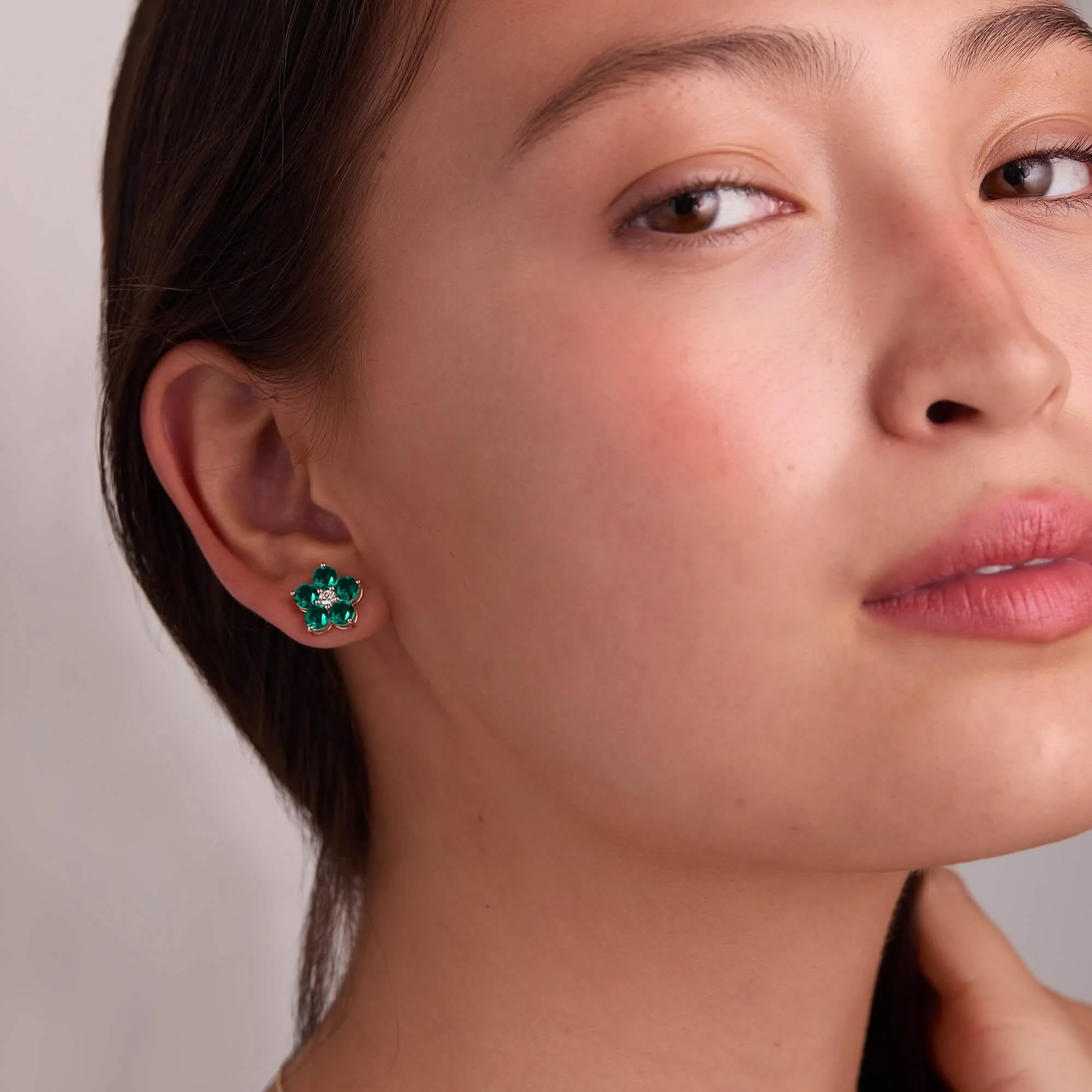 Greenwich Flower Emerald & Diamond Earrings in 14k Gold (May) - Image 3