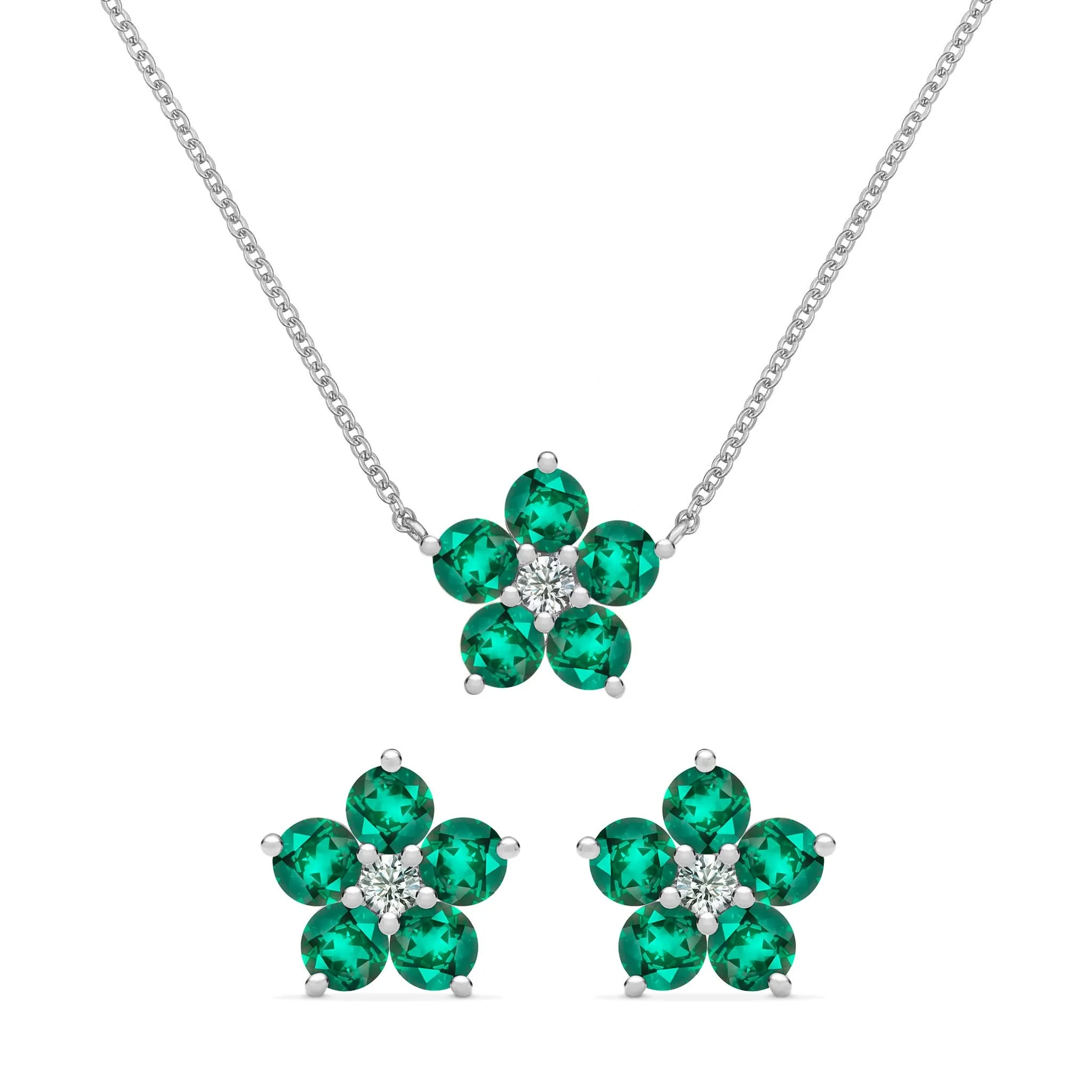 Greenwich Flower Emerald & Diamond Necklace and Earrings Set in 14k Gold (May) - Image 8