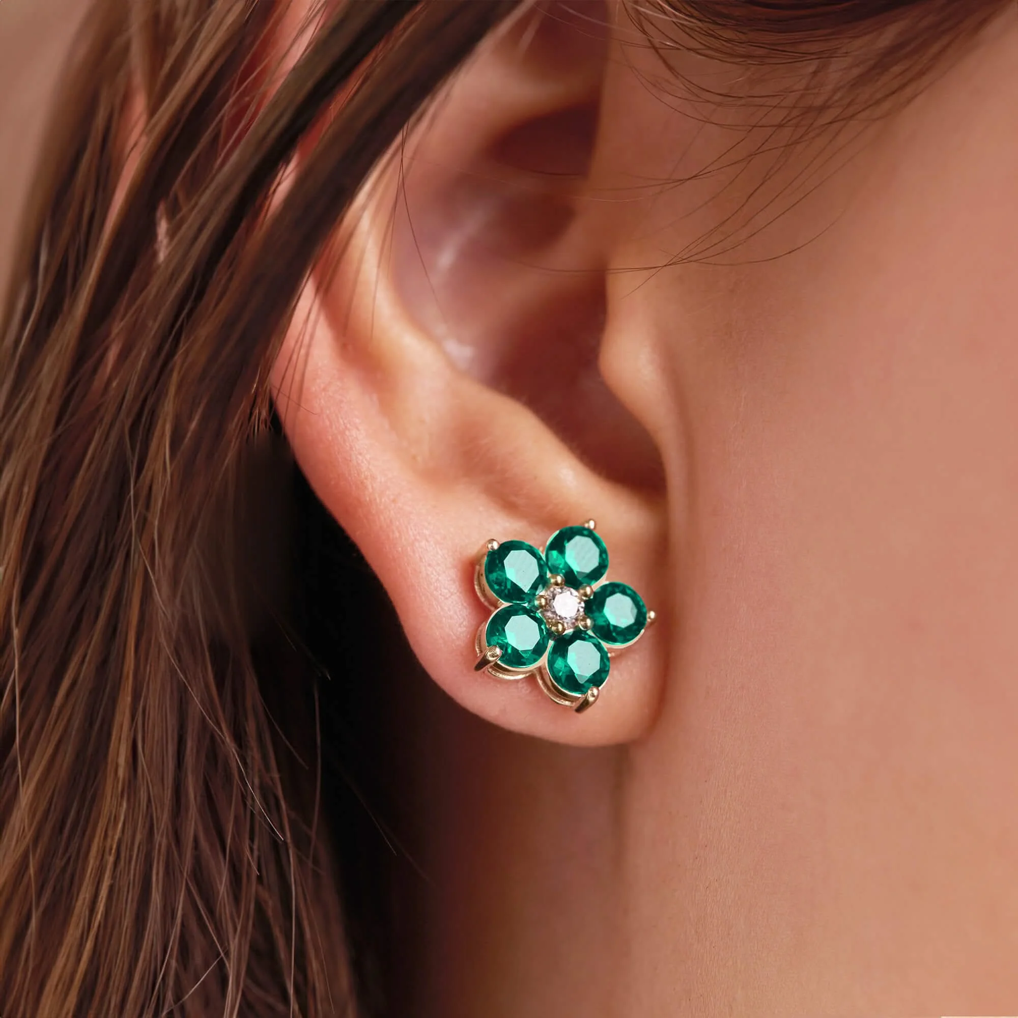 Greenwich Flower Emerald & Diamond Earrings in 14k Gold (May) - Image 6