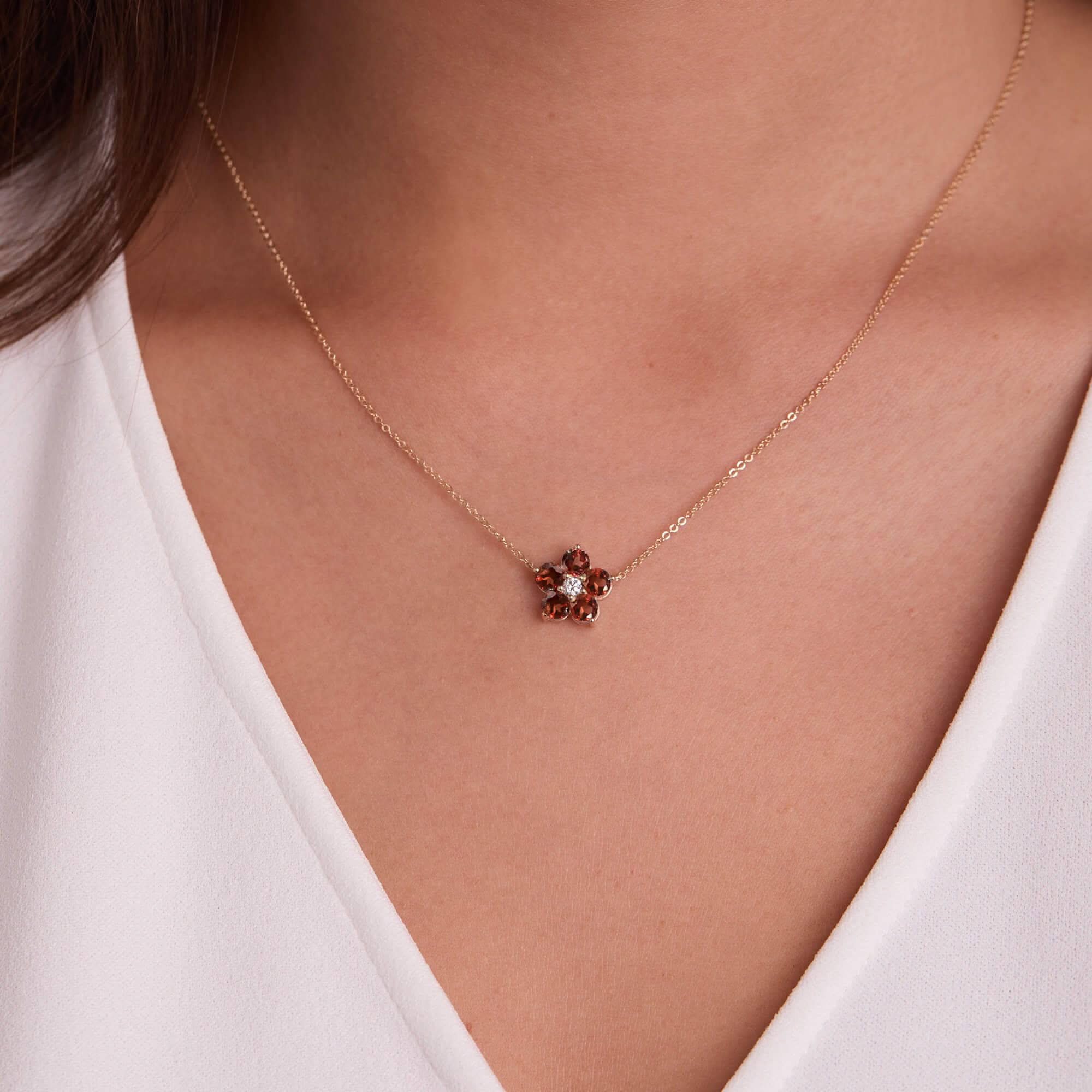 Greenwich Flower Garnet & Diamond Necklace in 14k Gold (January) - Image 3