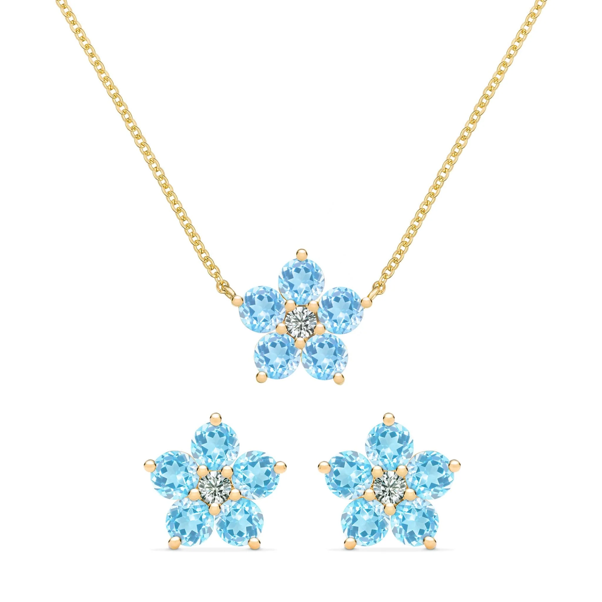 Greenwich Flower Nantucket Blue Topaz & Diamond Necklace and Earrings Set in 14k Gold (December)