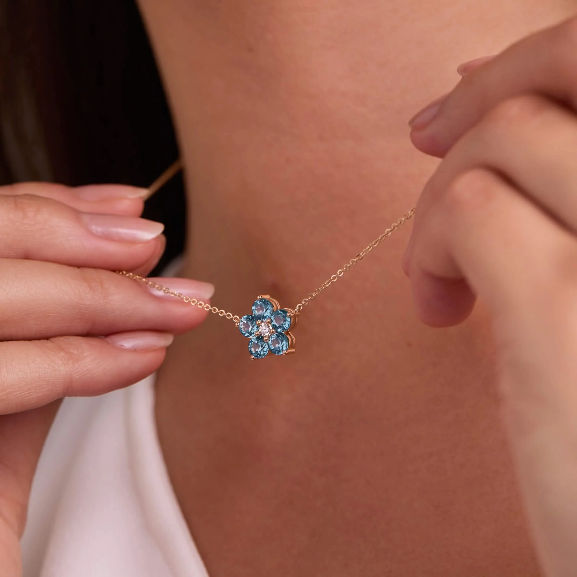 Greenwich Flower Nantucket Blue Topaz & Diamond Necklace in 14k Gold (December) - Image 6