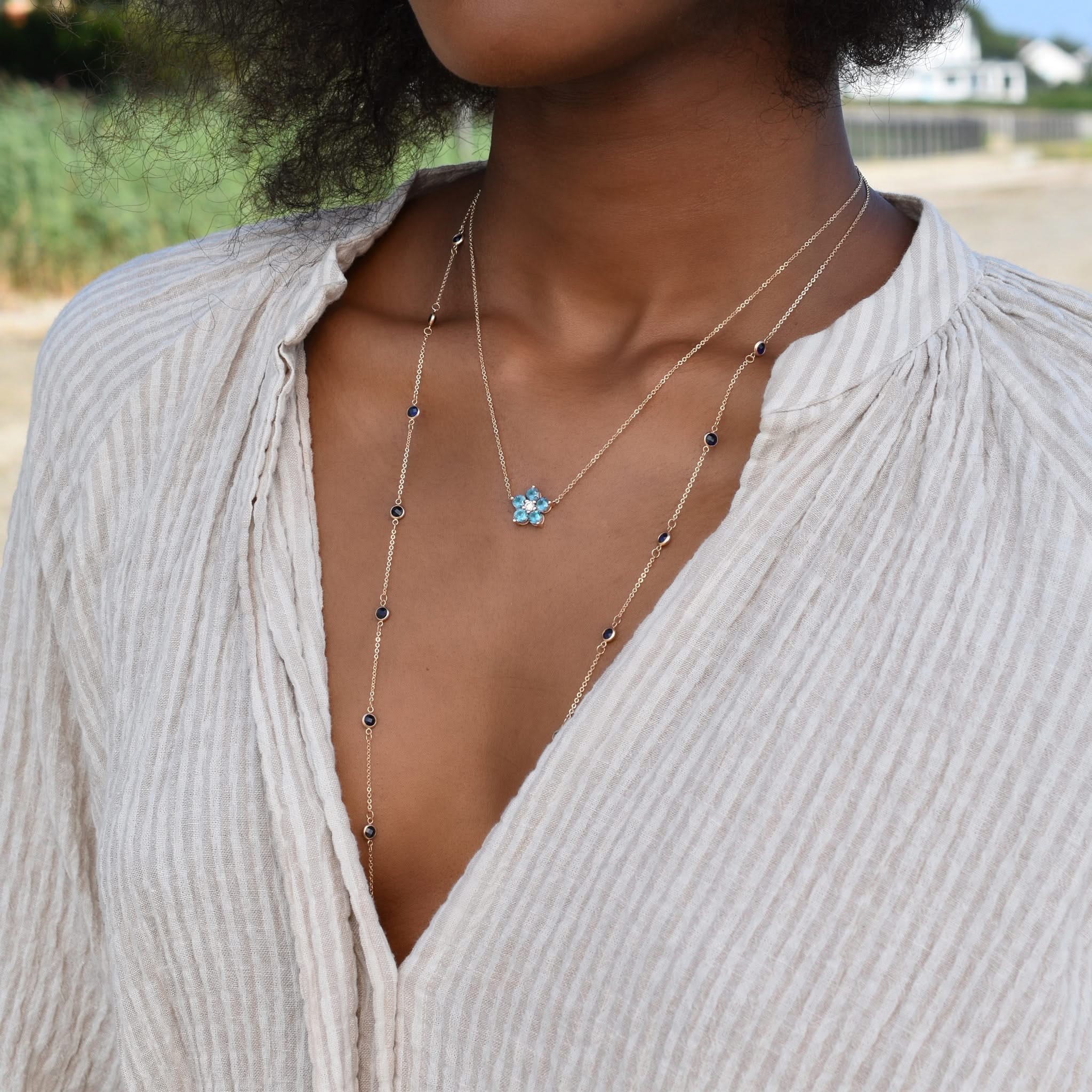 Greenwich Flower Nantucket Blue Topaz & Diamond Necklace and Earrings Set in 14k Gold (December) - Image 11