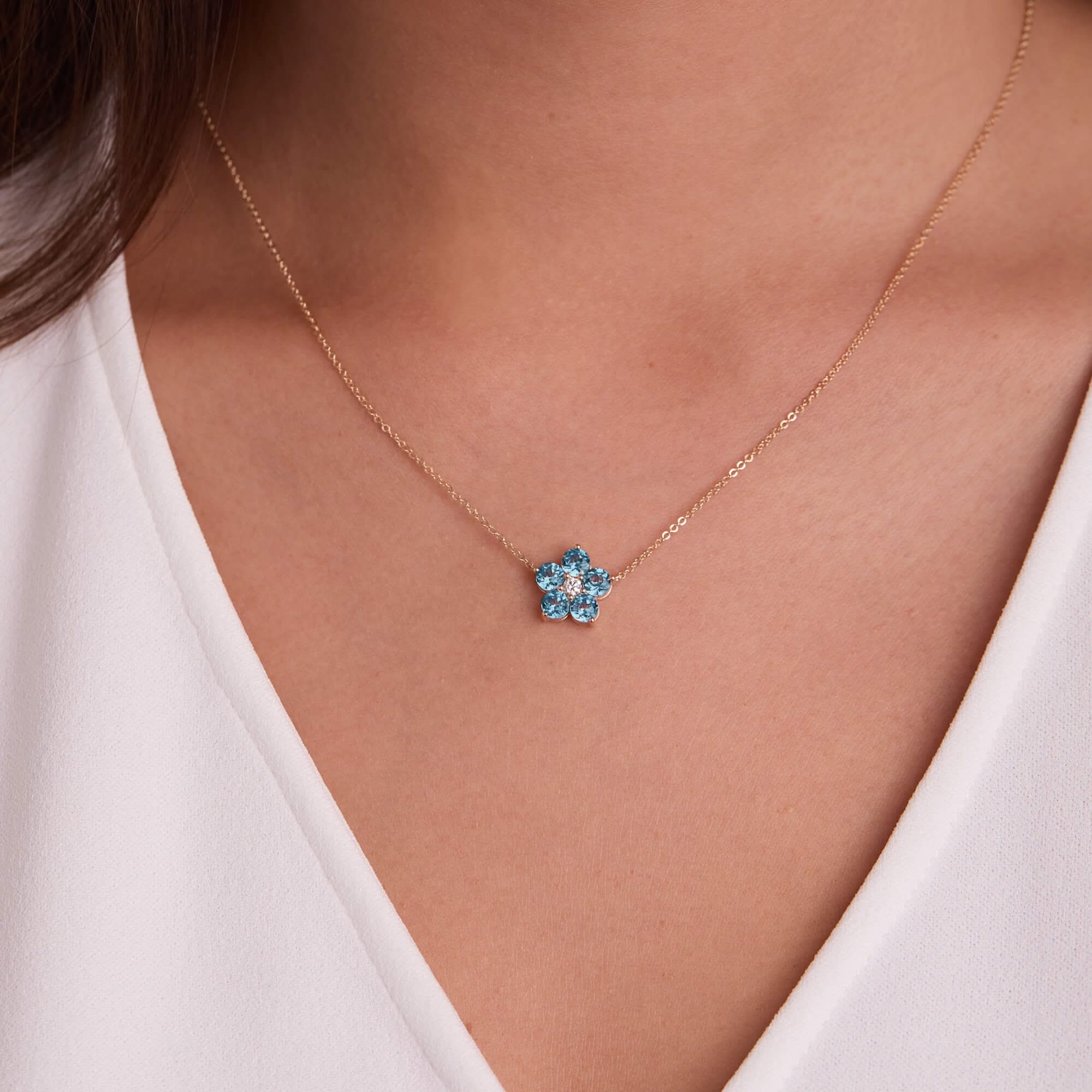 Greenwich Flower Nantucket Blue Topaz & Diamond Necklace in 14k Gold (December) - Image 3