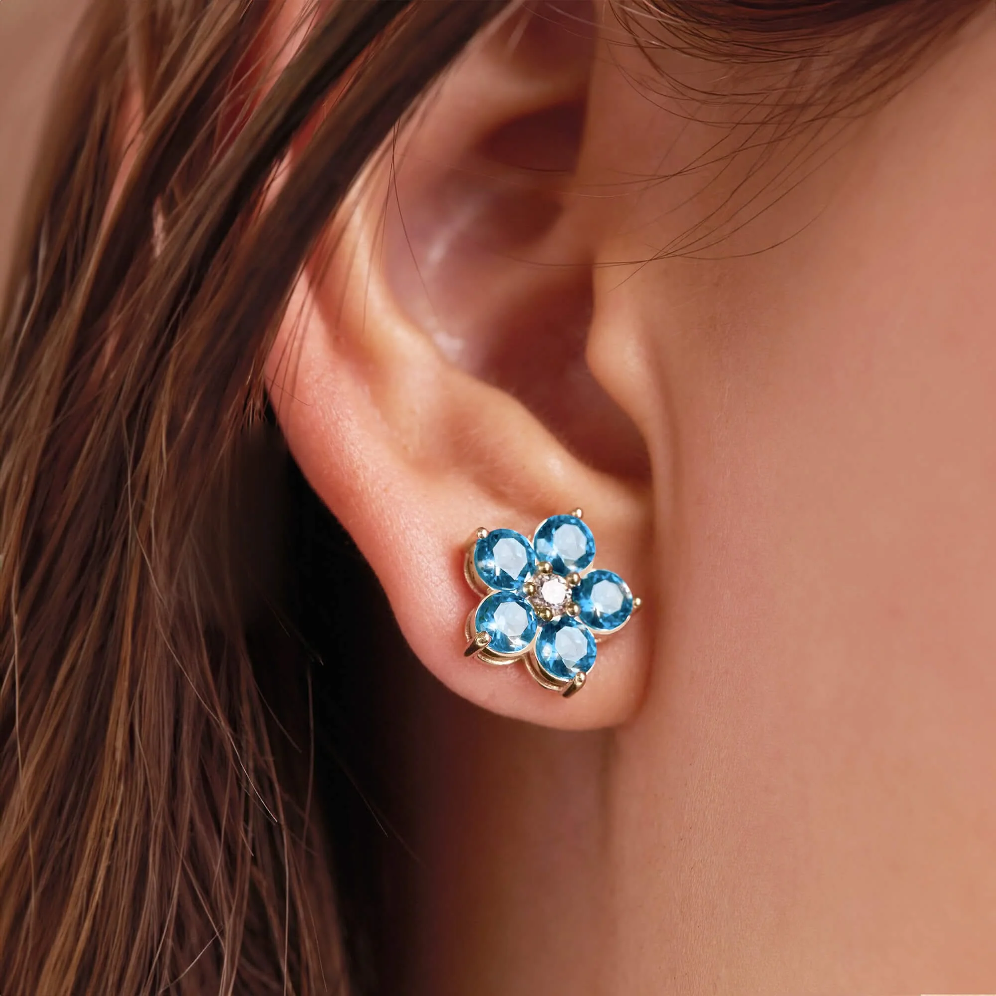 Greenwich Flower Nantucket Blue Topaz & Diamond Earrings in 14k Gold (December) - Image 6