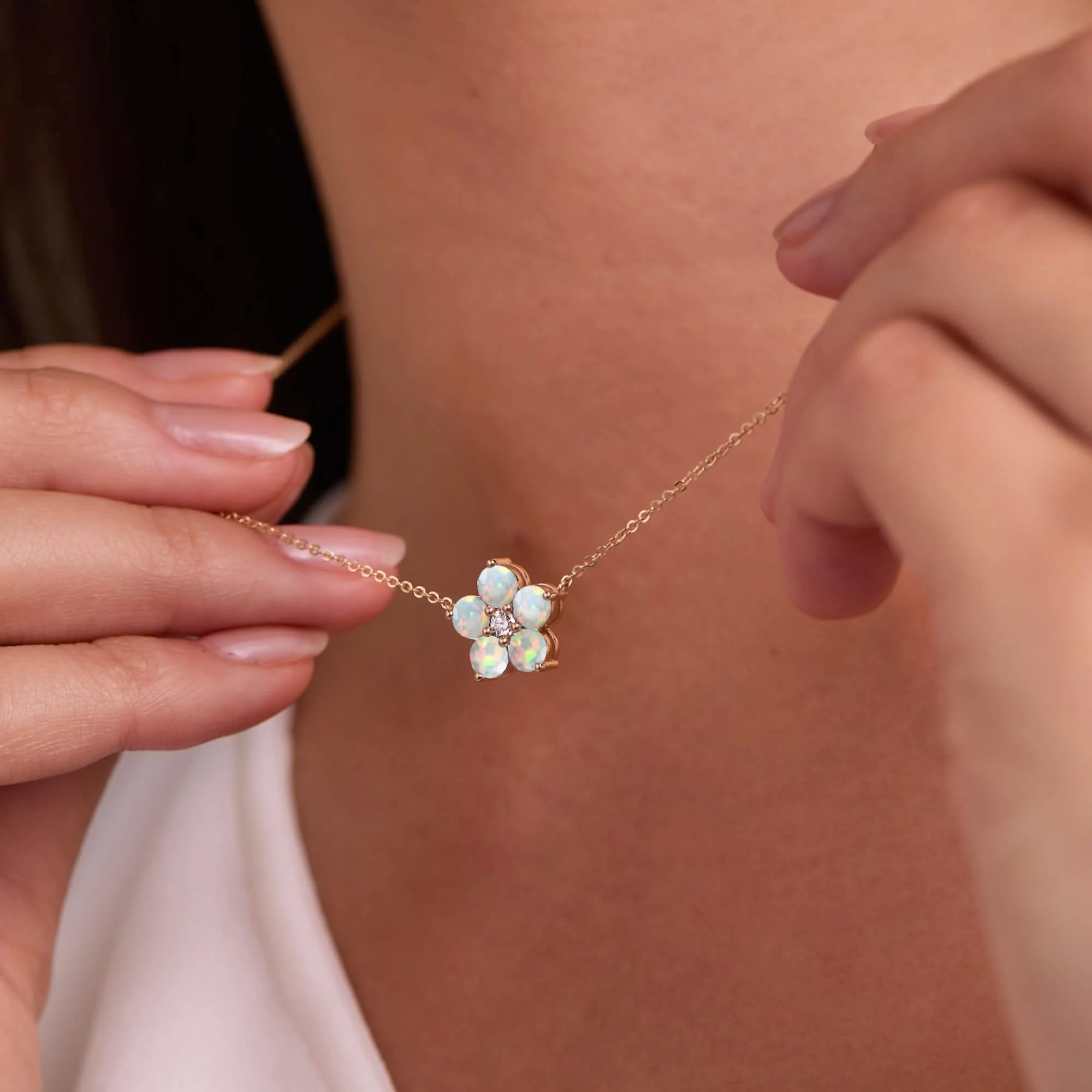 Greenwich Flower Opal & Diamond Necklace in 14k Gold (October) - Image 11