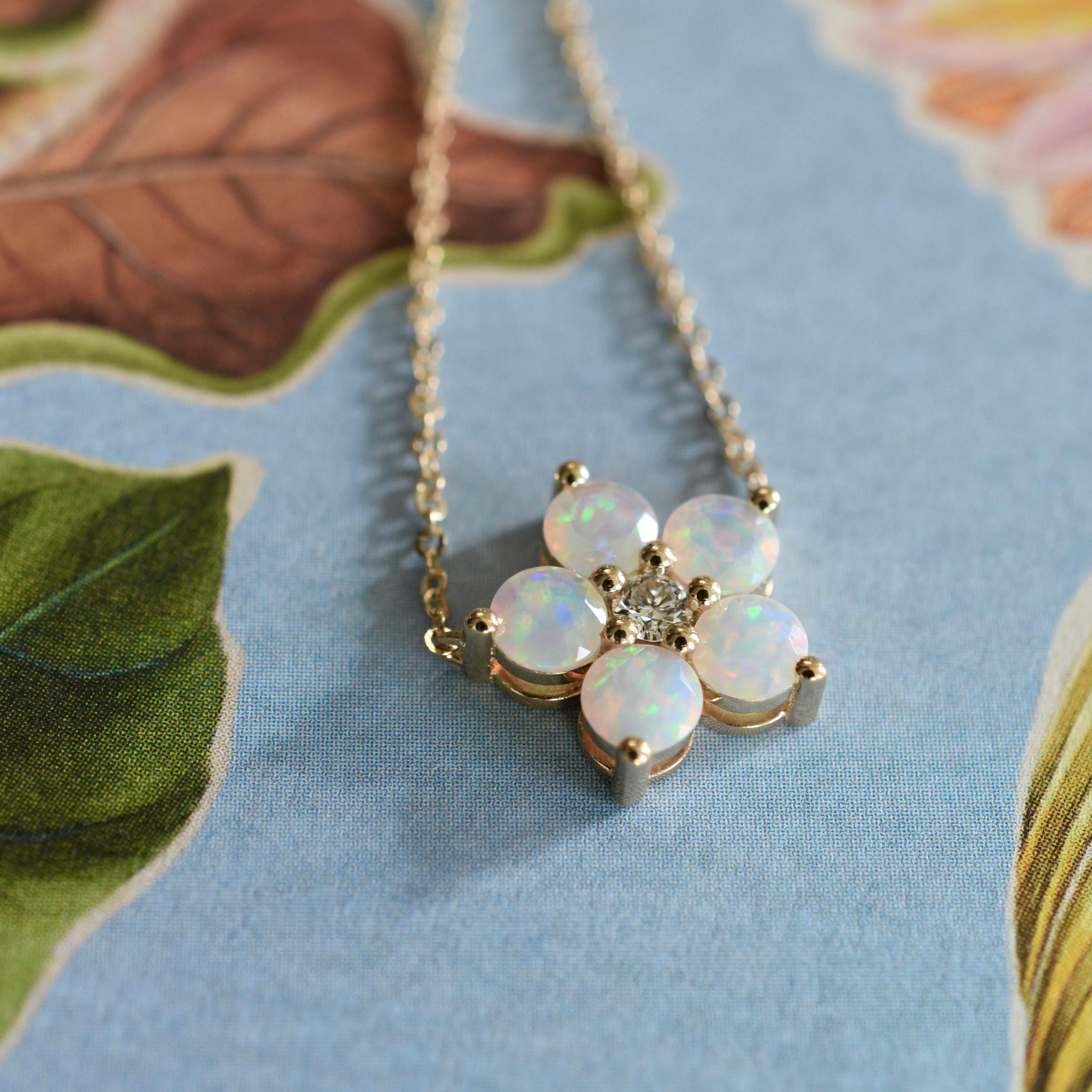 Greenwich Flower Opal & Diamond Necklace and Earrings Set in 14k Gold (October) - Image 14