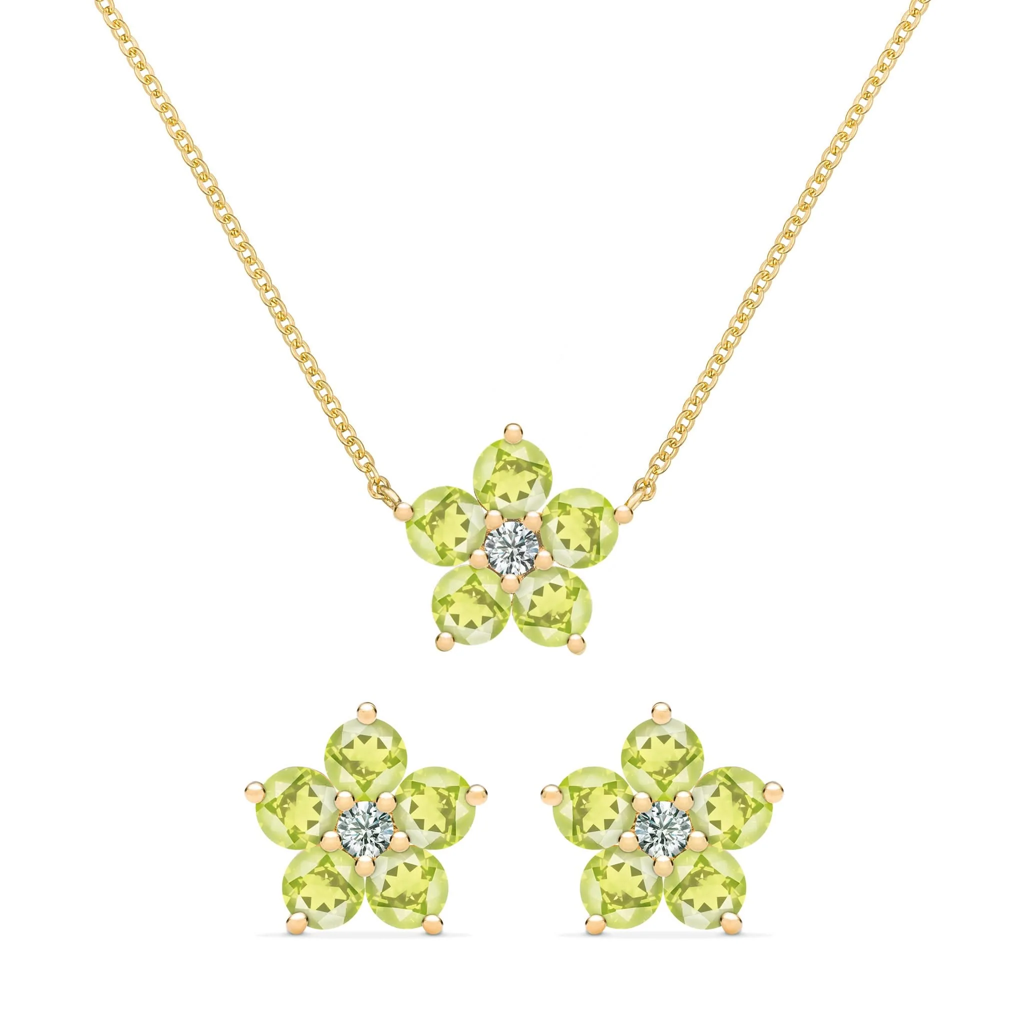 Greenwich Flower Peridot & Diamond Necklace and Earrings Set in 14k Gold (August)