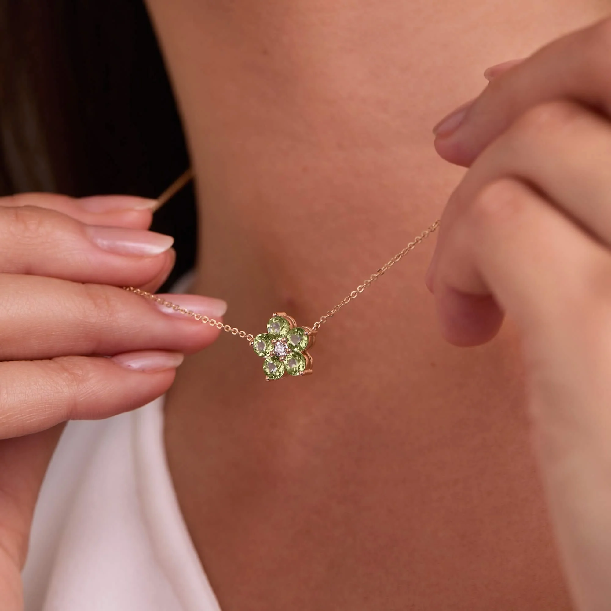 Greenwich Flower Peridot & Diamond Necklace in 14k Gold (August) - Image 6