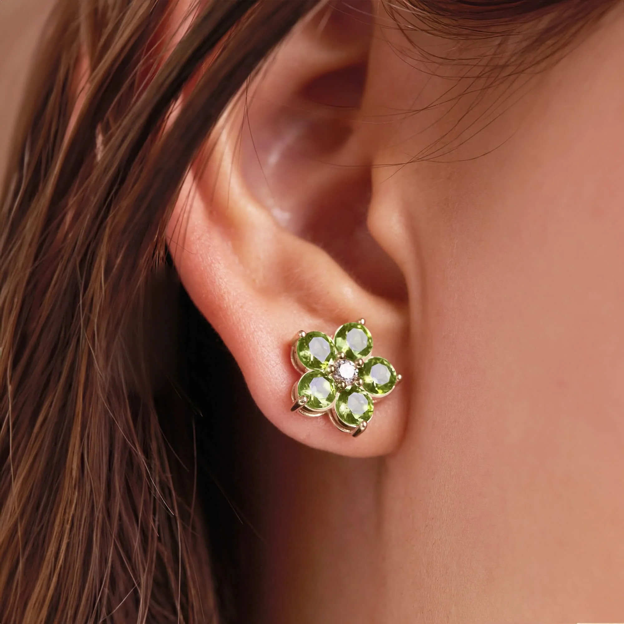 Greenwich Flower Peridot & Diamond Earrings in 14k Gold (August) - Image 6