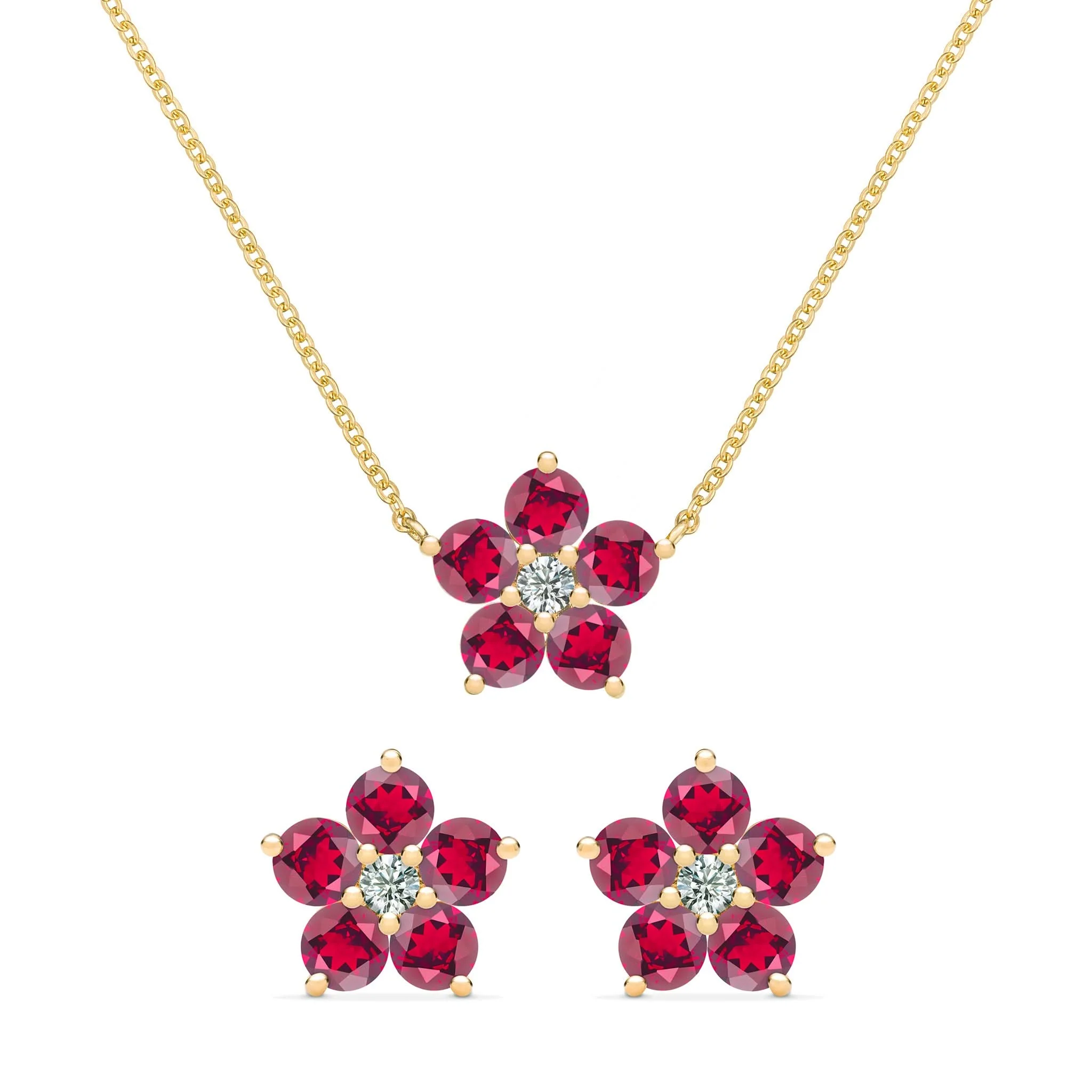 Greenwich Flower Ruby & Diamond Necklace and Earrings Set in 14k Gold (July)