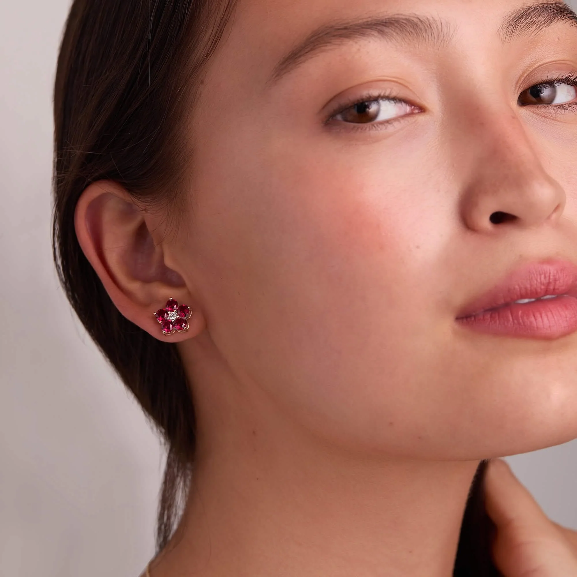Greenwich Flower Ruby & Diamond Earrings in 14k Gold (July) - Image 3