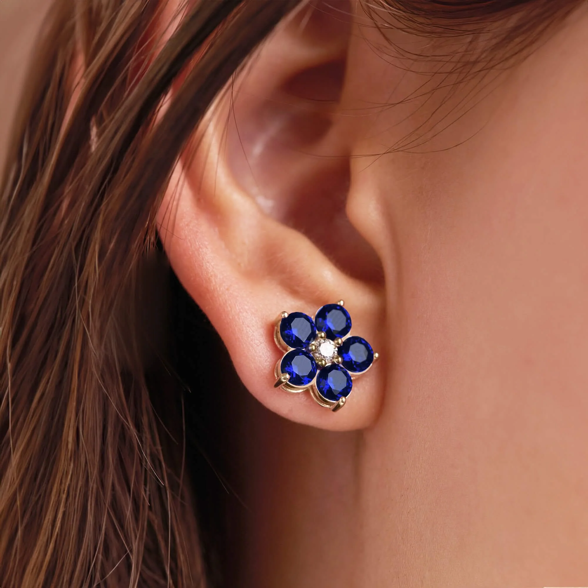 Greenwich Flower Sapphire & Diamond Earrings in 14k Gold (September) - Image 6