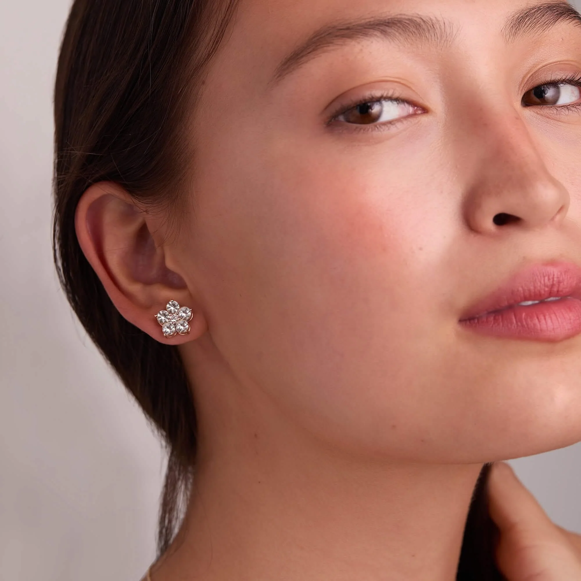 Greenwich Flower White Topaz & Diamond Earrings in 14k Gold (April) - Image 3