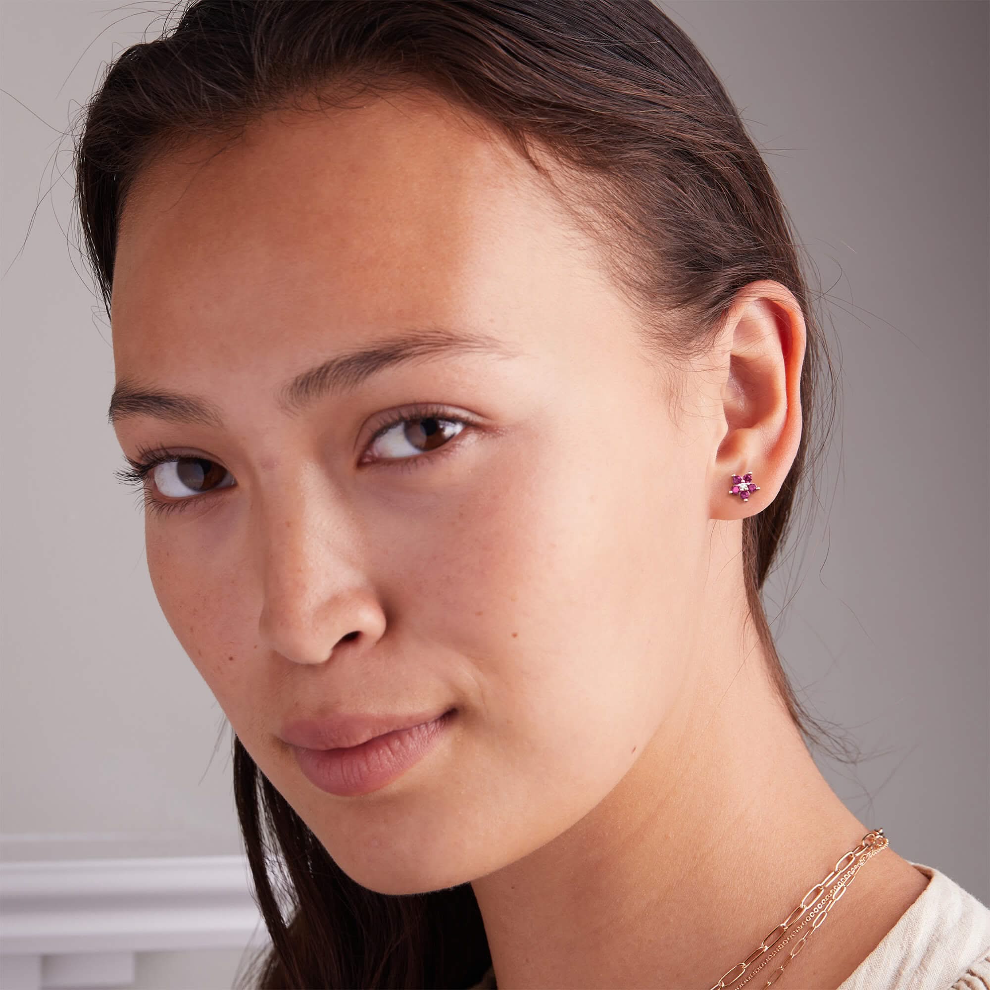 Greenwich Mini Flower Pink Sapphire & Diamond Earrings in 14k Gold (October) - Image 3