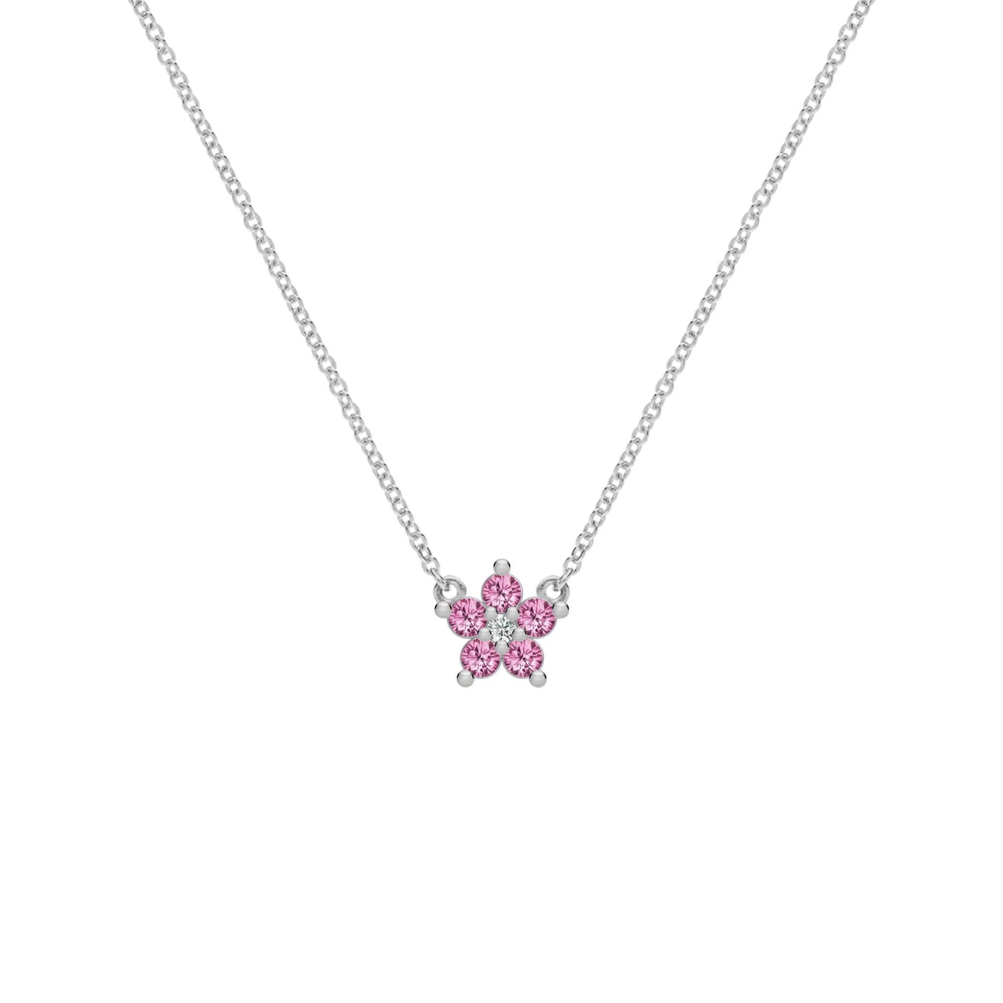 Greenwich Mini Flower Pink Sapphire & Diamond Necklace in 14k Gold (October) - Image 5