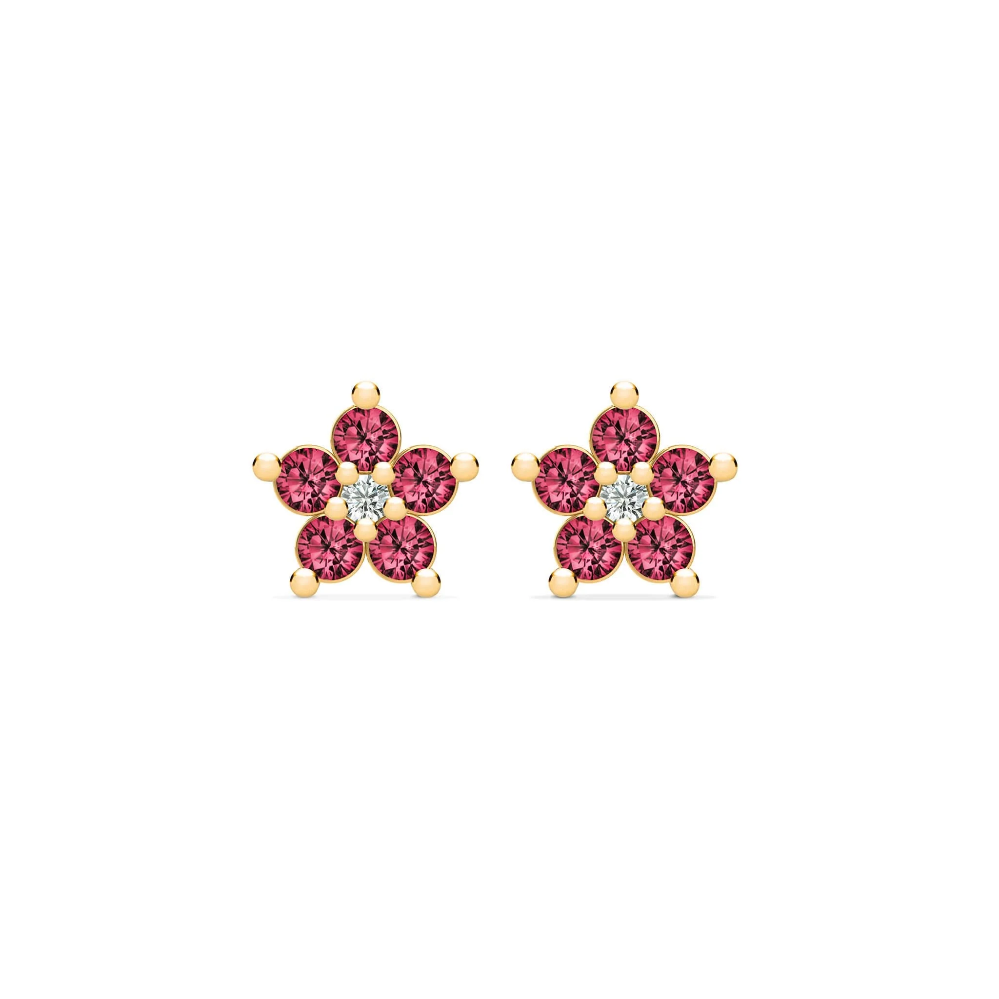 Greenwich Mini Flower Ruby & Diamond Earrings in 14k Gold (July)