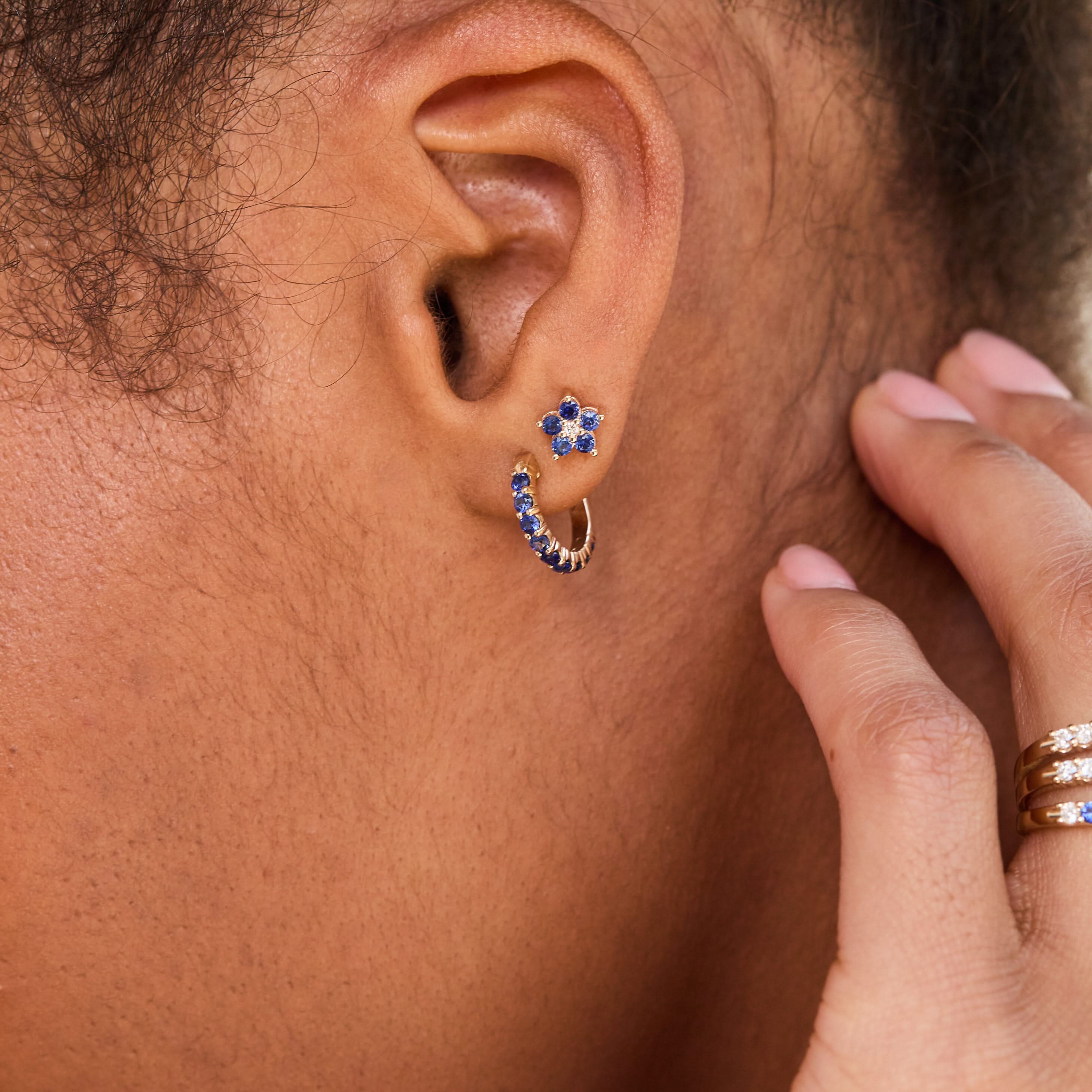 Greenwich Mini Flower Sapphire & Diamond Earrings in 14k Gold (September) - Image 9