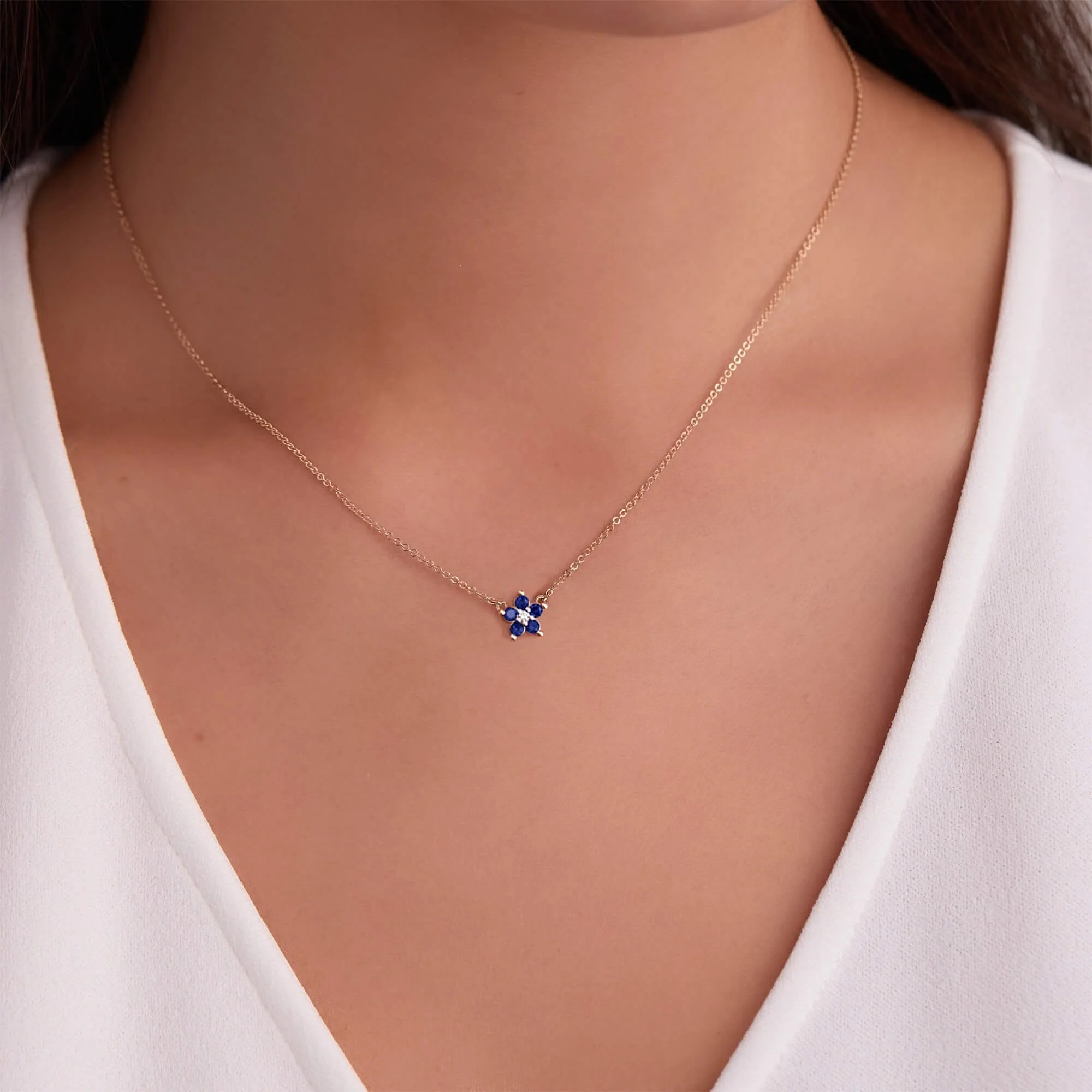 Greenwich Mini Flower Sapphire & Diamond Necklace in 14k Gold (September) - Image 3