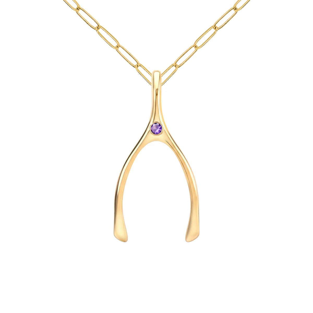 Large Amethyst Wishbone Pendant in Solid 14k Gold (February) - Image 9