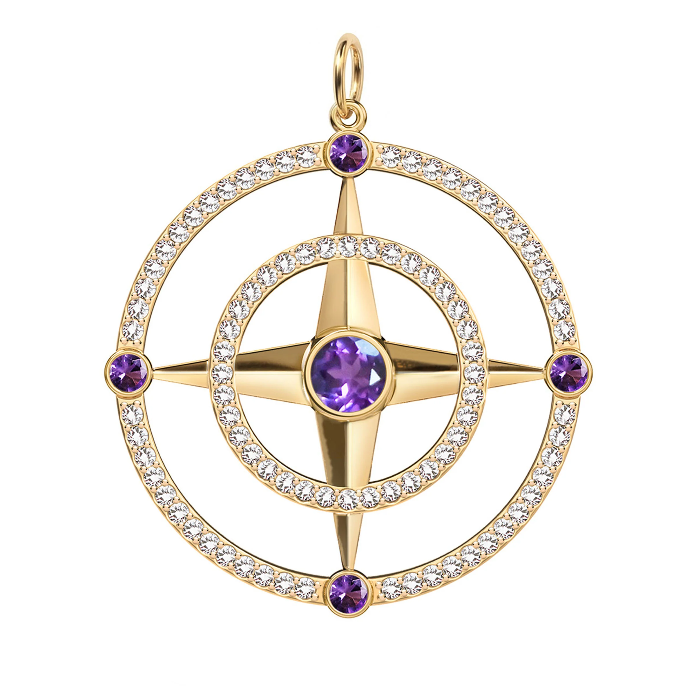 Large Compass Amethyst & Diamond Pendant in 14k Gold (February)