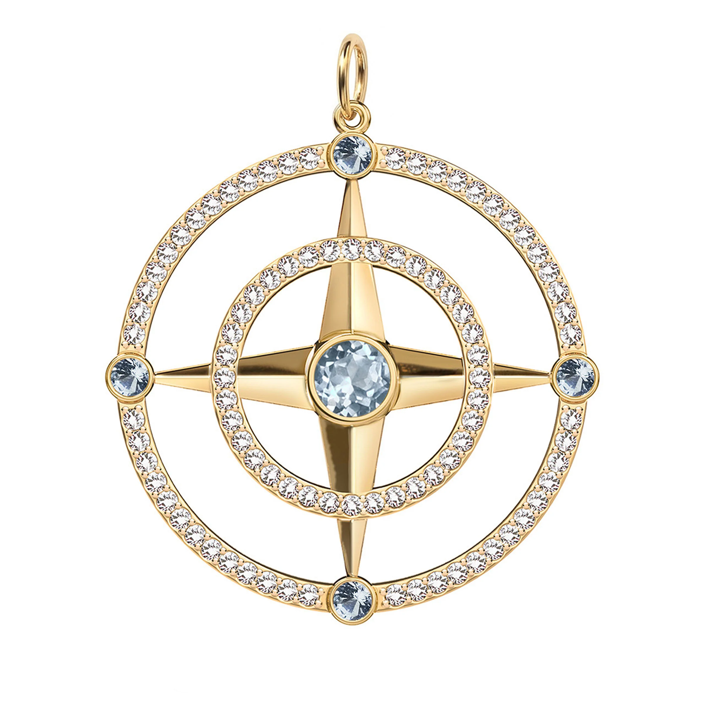 Large Compass Aquamarine & Diamond Pendant in 14k Gold (March)