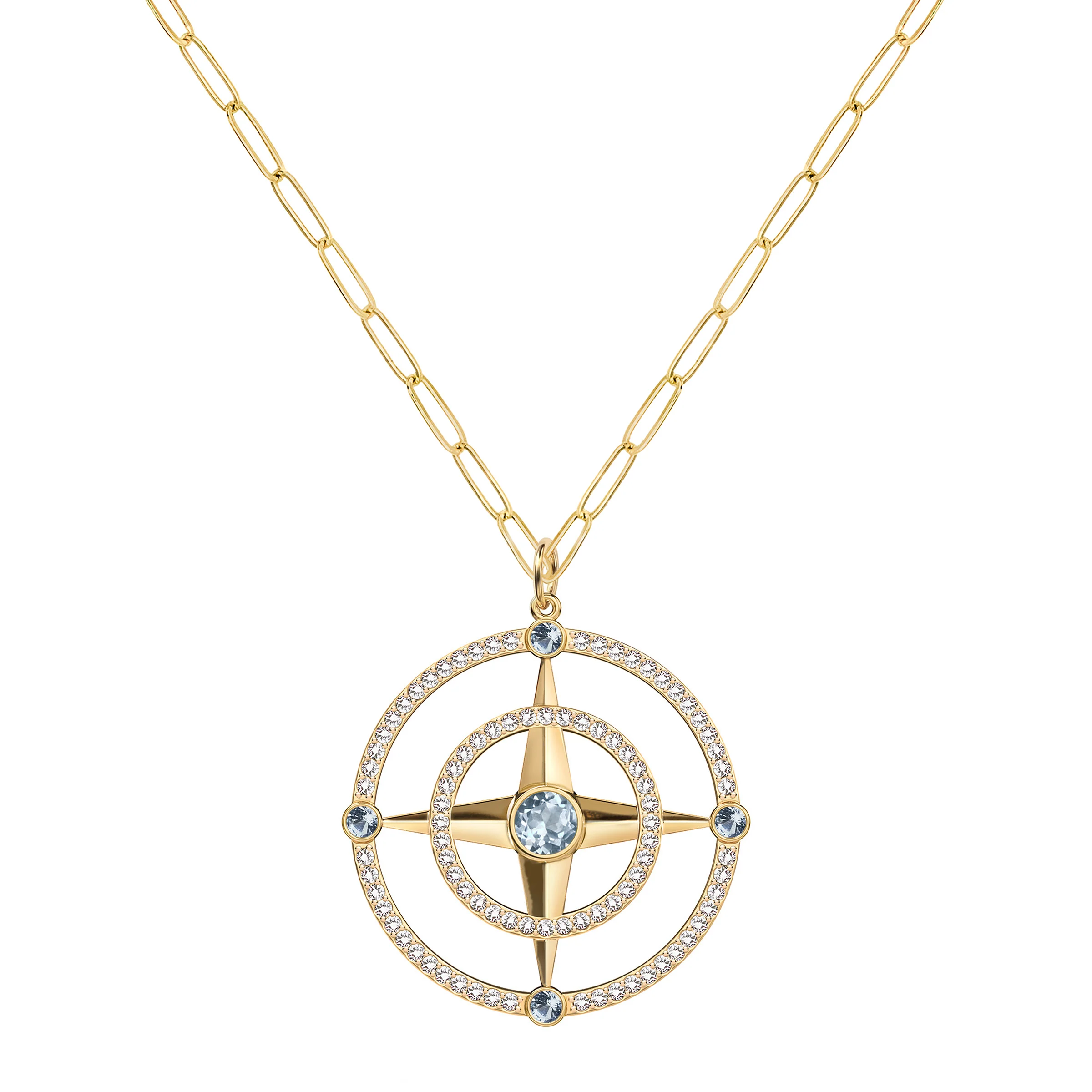 Large Compass Aquamarine & Diamond Pendant in 14k Gold (March) - Image 5