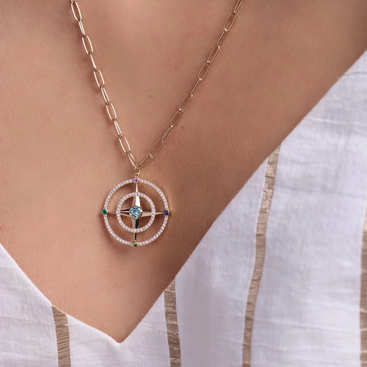 Large Compass Birthstone Pendant in 14k Gold - Image 3