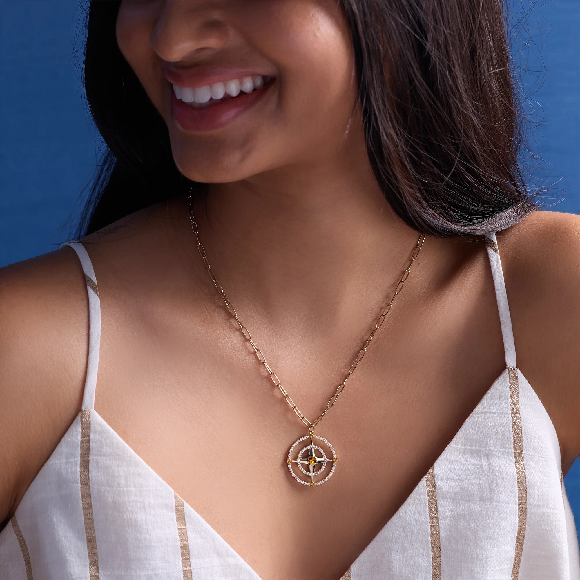 Large Compass Citrine & Diamond Pendant in 14k Gold (November) - Image 2