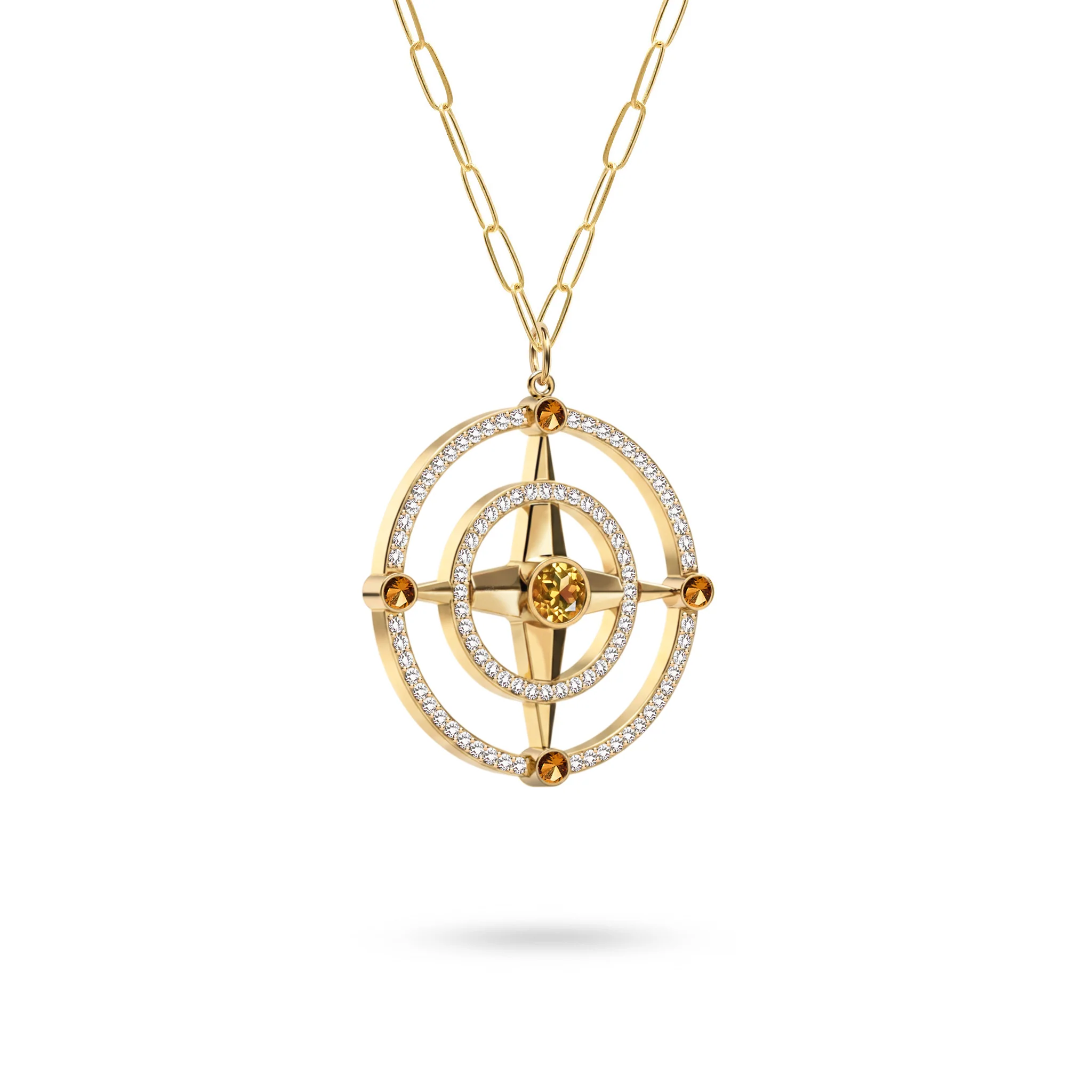 Large Compass Citrine & Diamond Pendant in 14k Gold (November) - Image 4