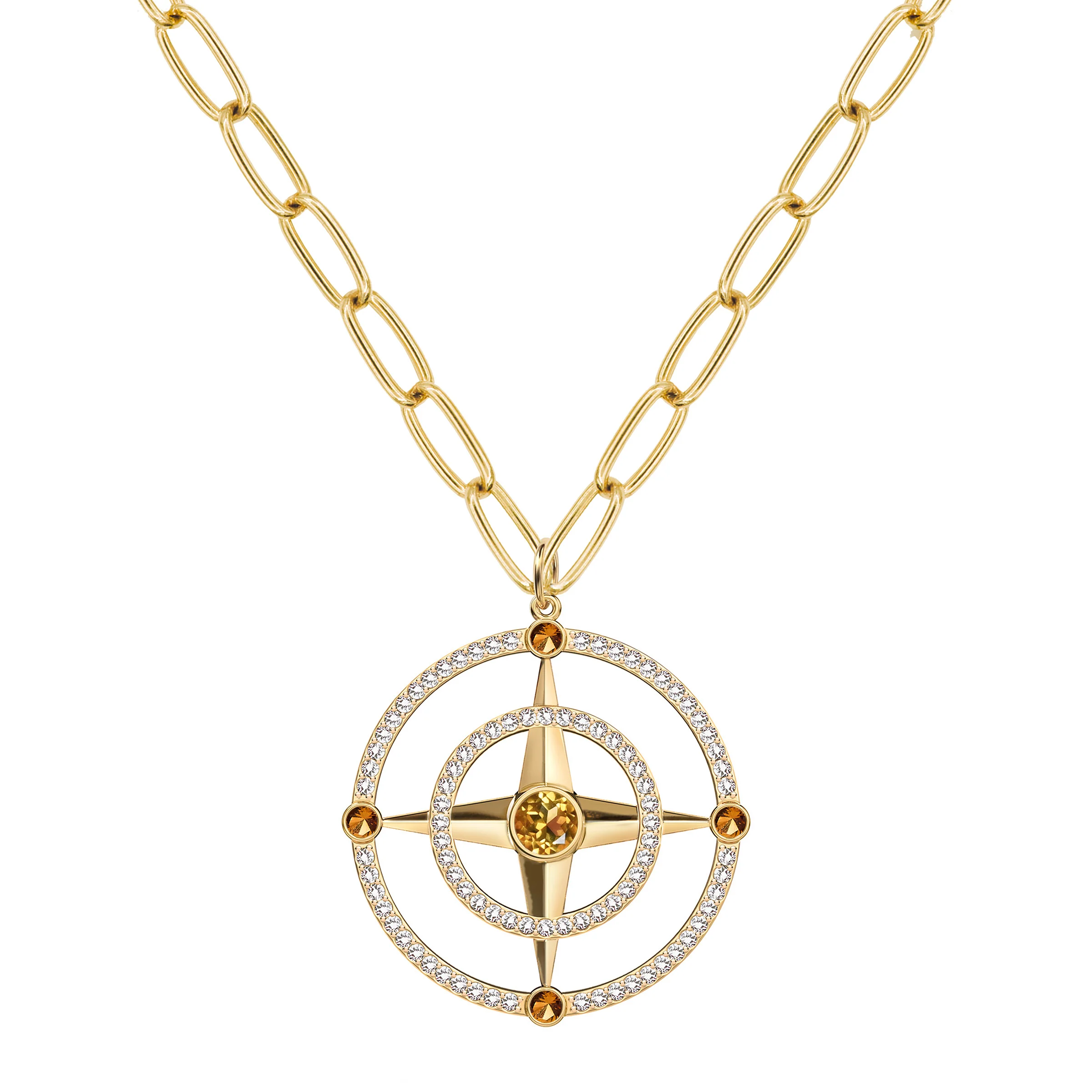 Large Compass Citrine & Diamond Pendant in 14k Gold (November) - Image 7