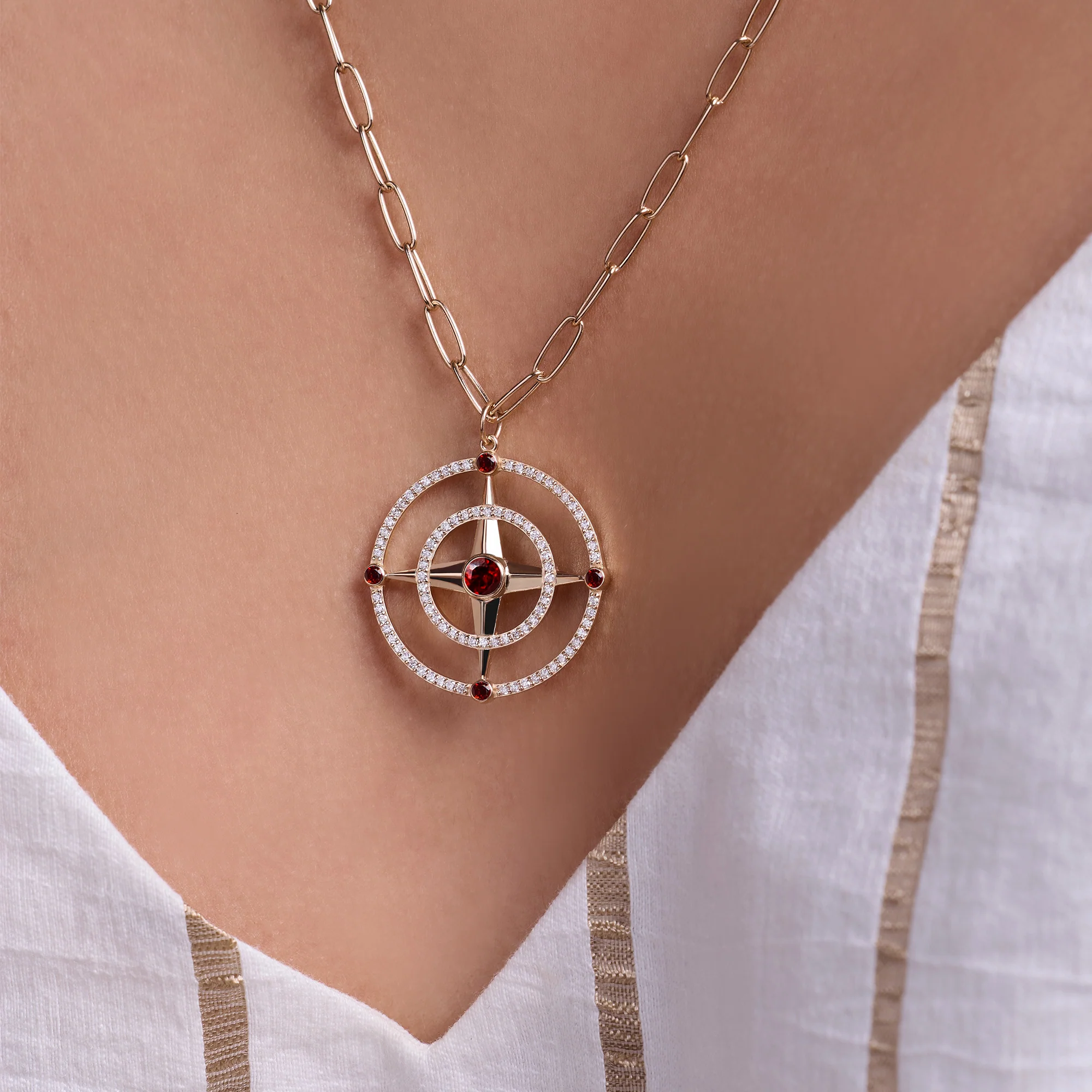 Large Compass Garnet & Diamond Pendant in 14k Gold (January) - Image 3