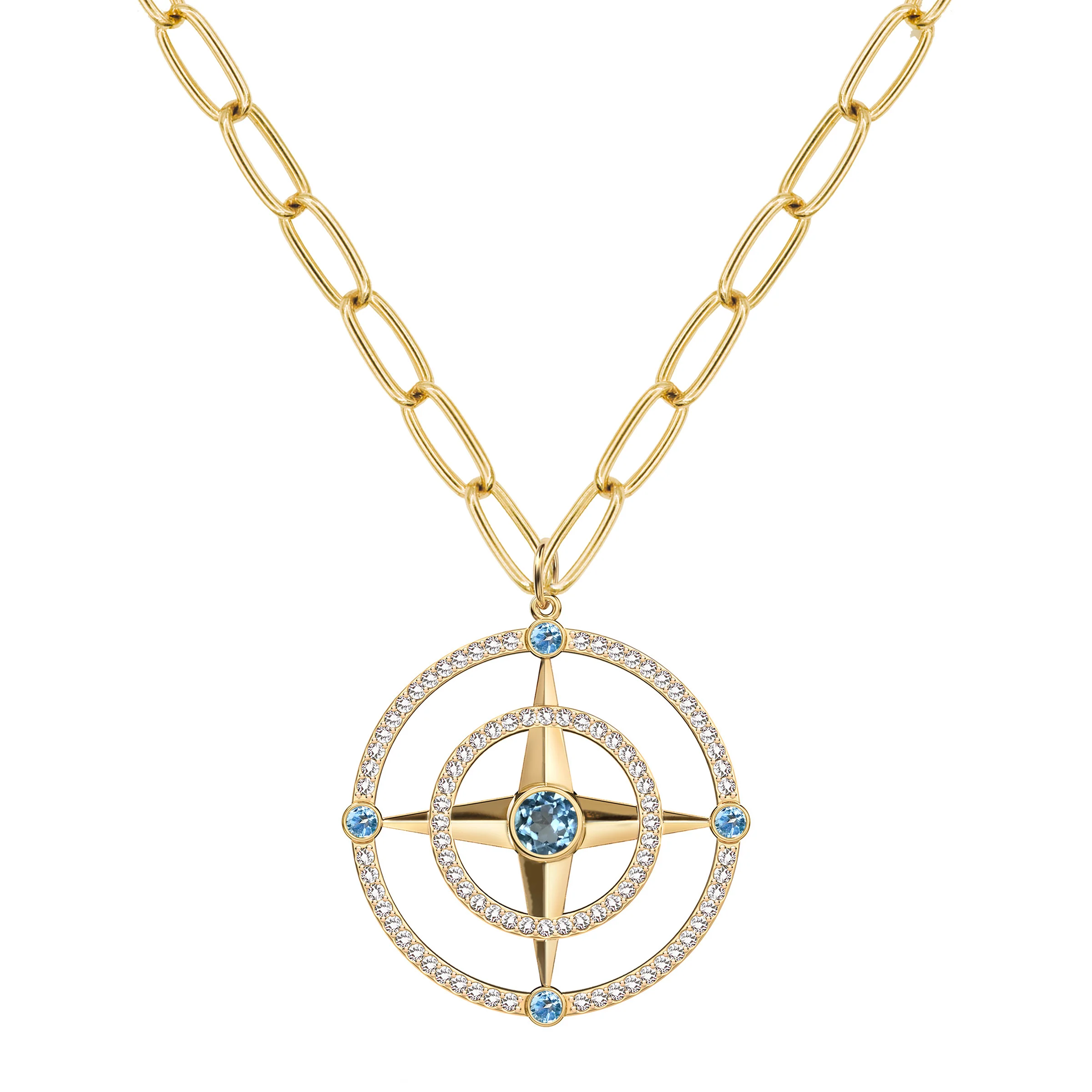 Large Compass Nantucket Blue Topaz & Diamond Pendant in 14k Gold (December) - Image 7