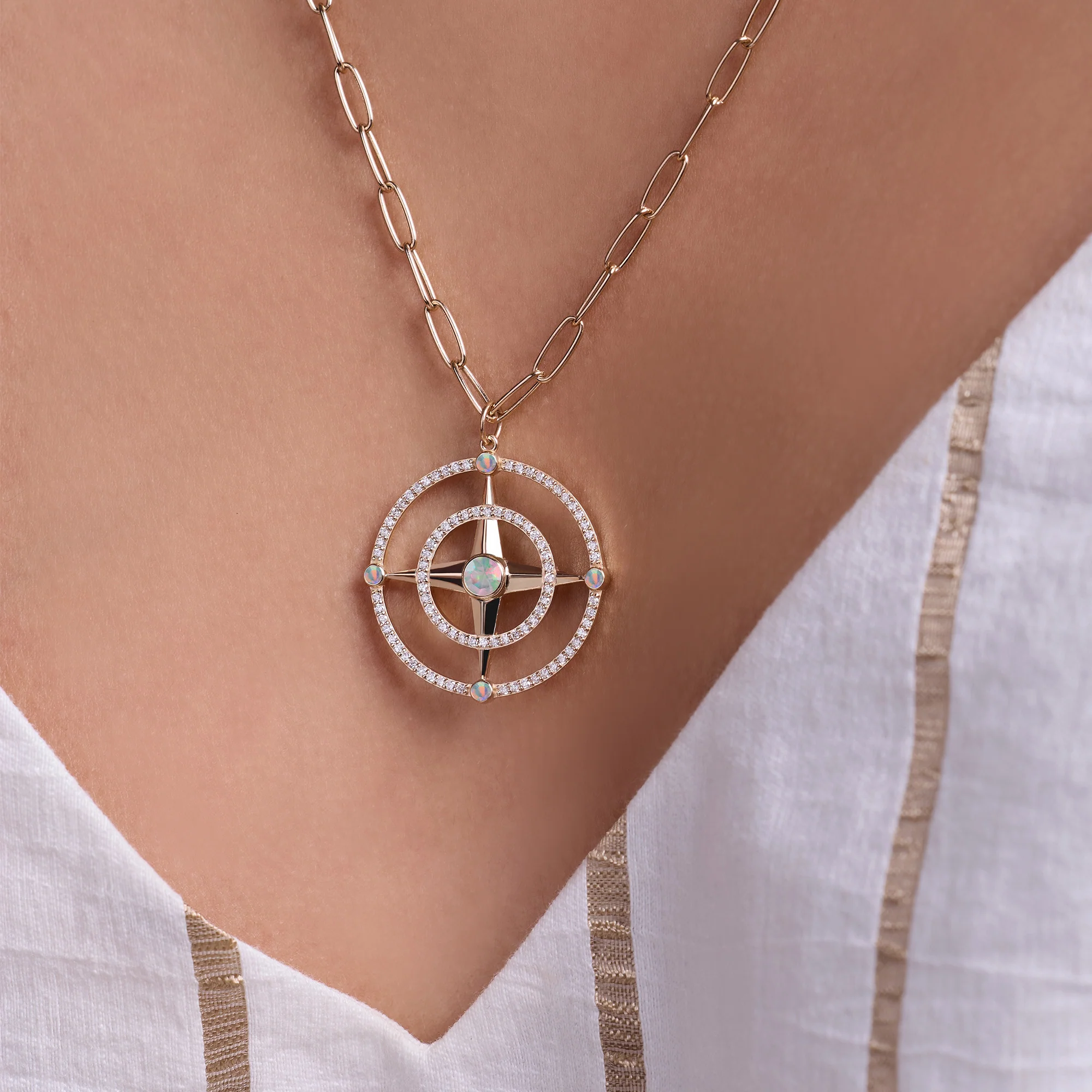 Large Compass Opal & Diamond Pendant in 14k Gold (October) - Image 3
