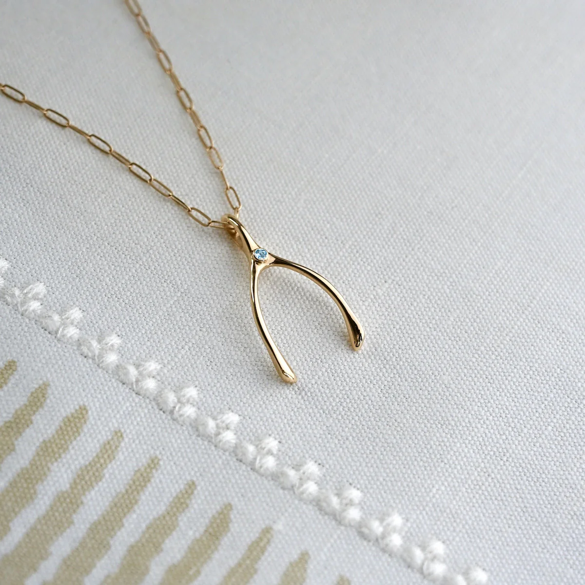 Large Nantucket Blue Topaz Wishbone Pendant in Solid 14k Gold (December) - Image 3