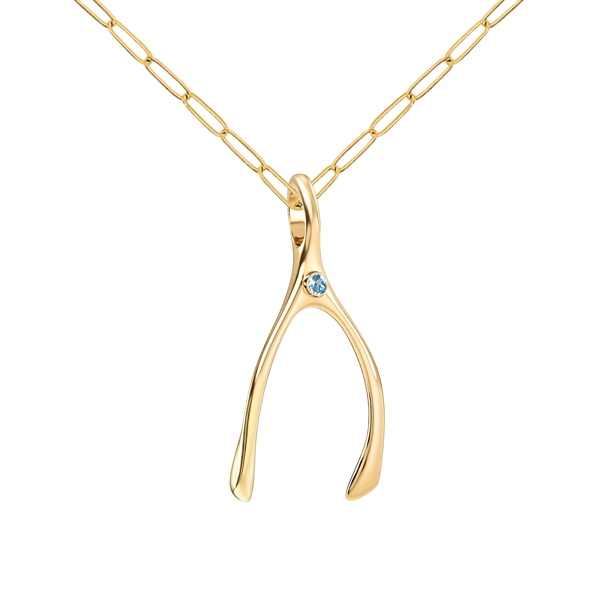 Large Nantucket Blue Topaz Wishbone Pendant in Solid 14k Gold (December) - Image 4