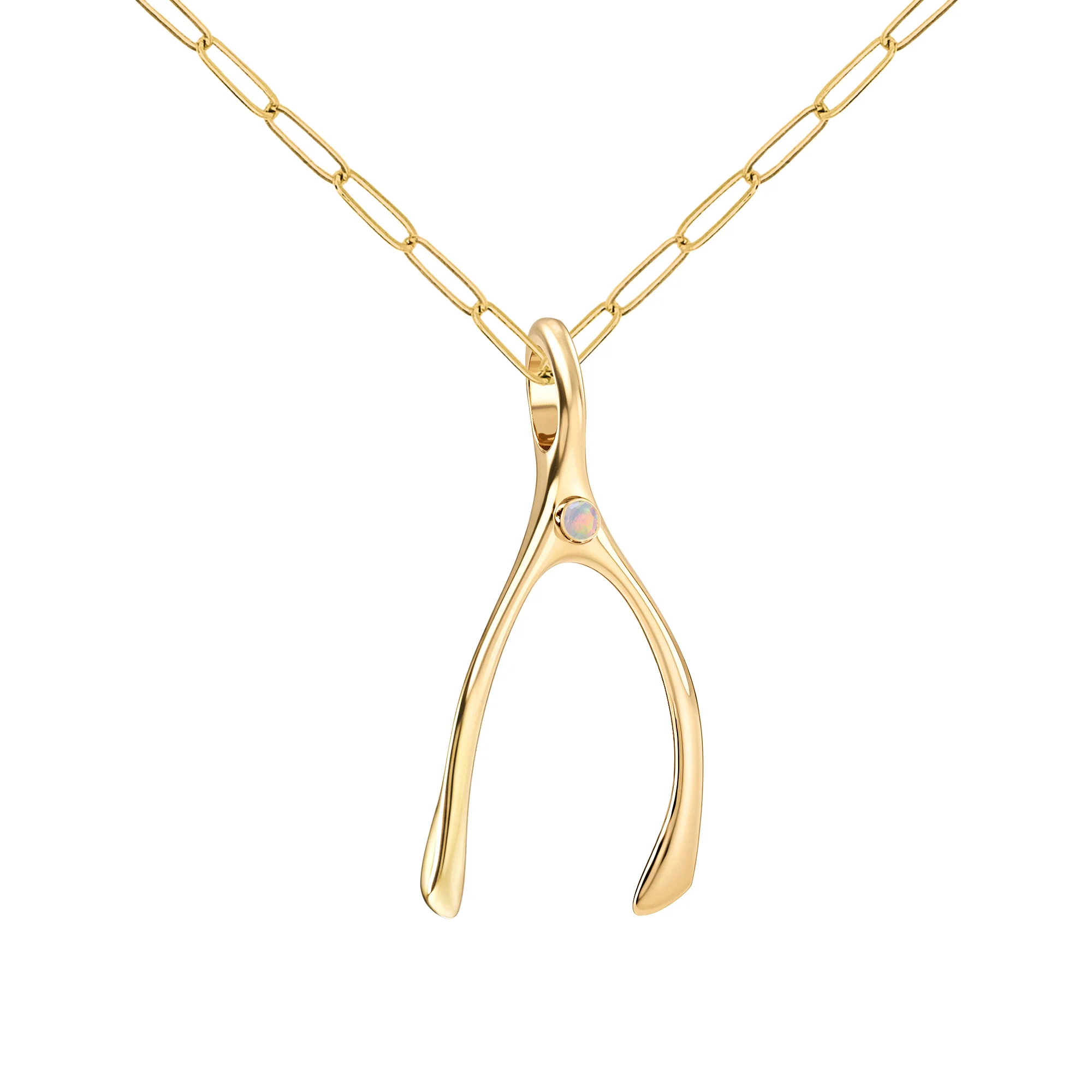 Large Opal Wishbone Pendant in Solid 14k Gold (October) - Image 4