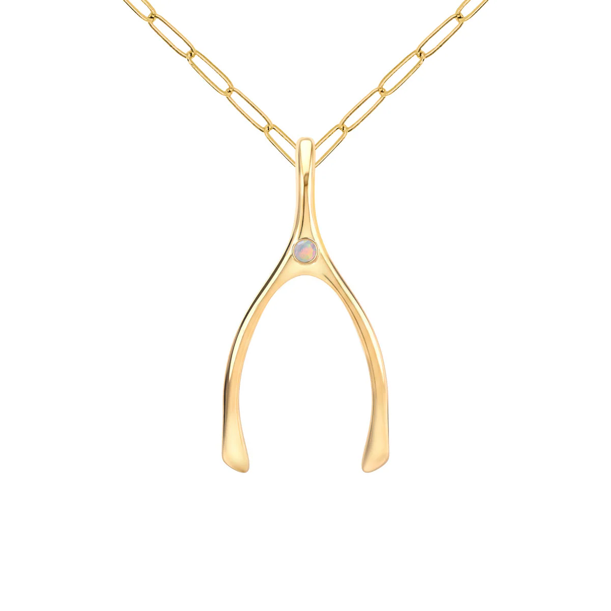 Large Opal Wishbone Pendant in Solid 14k Gold (October) - Image 9
