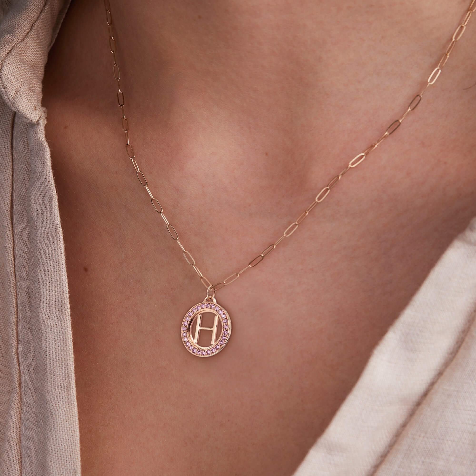 Letter & Pink Sapphire Pendant in 14k Gold (October) - Image 3