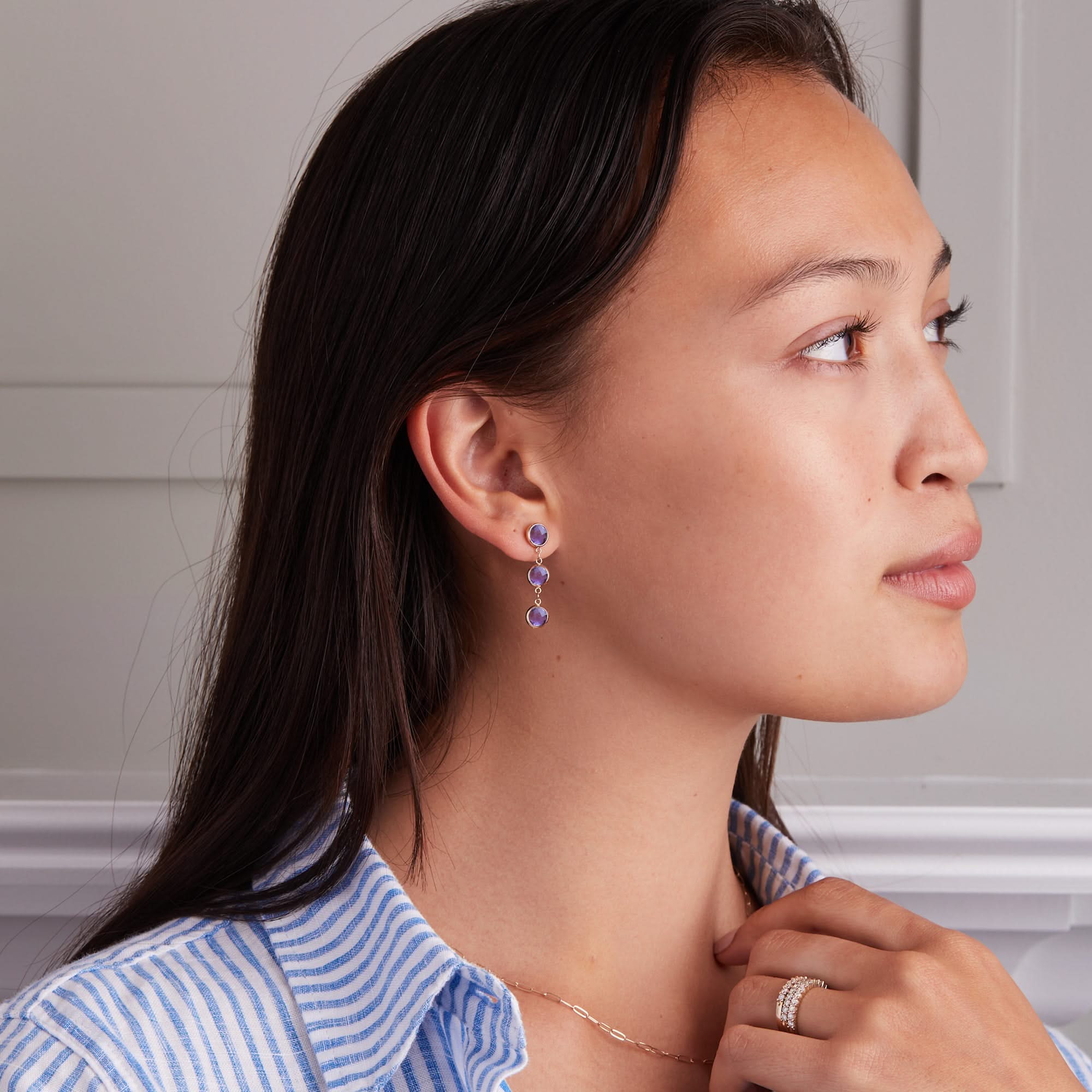 Newport Grand 3 Amethyst Earrings in 14k Gold (February) - Image 2