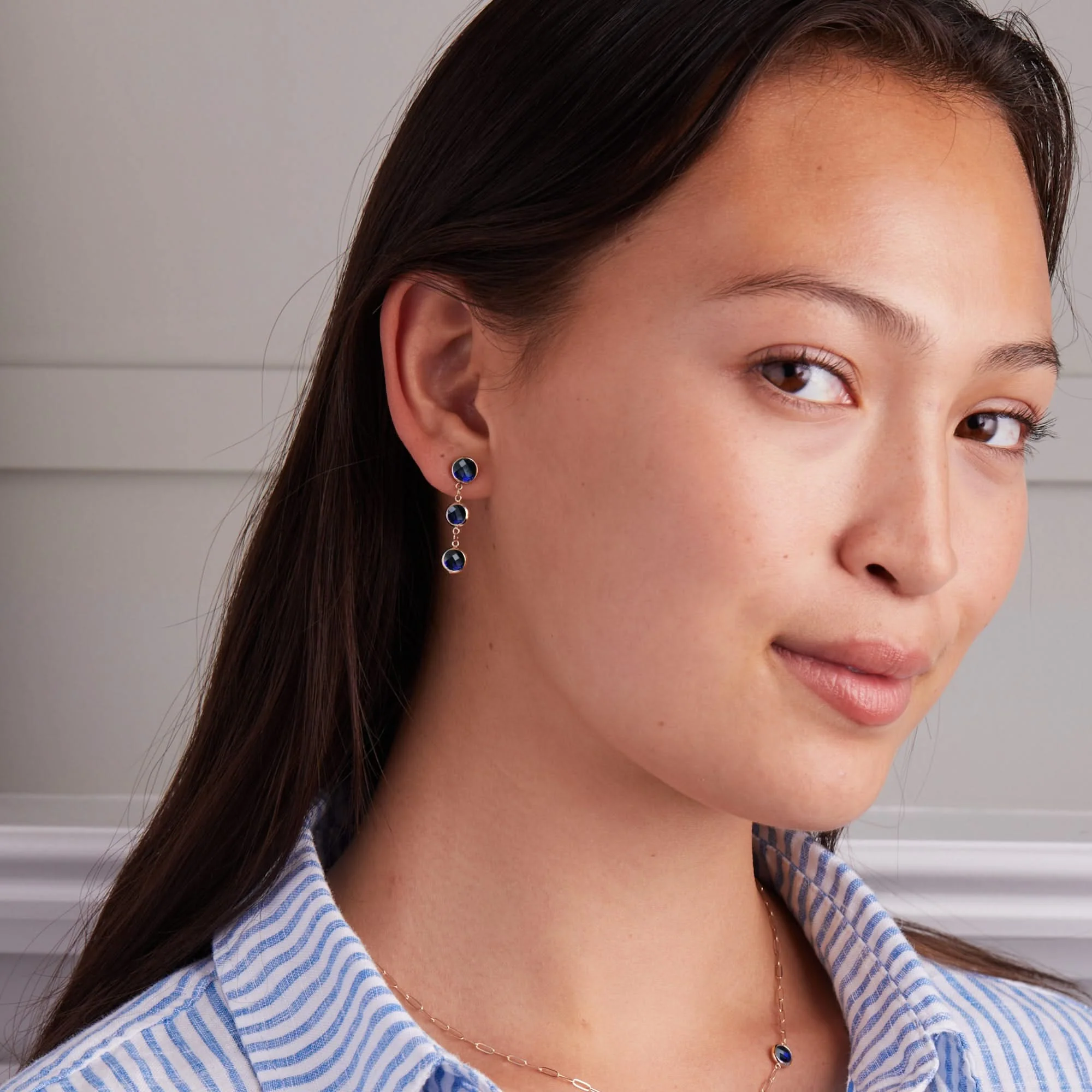 Newport Grand 3 Sapphire Earrings in 14k Gold (September) - Image 3