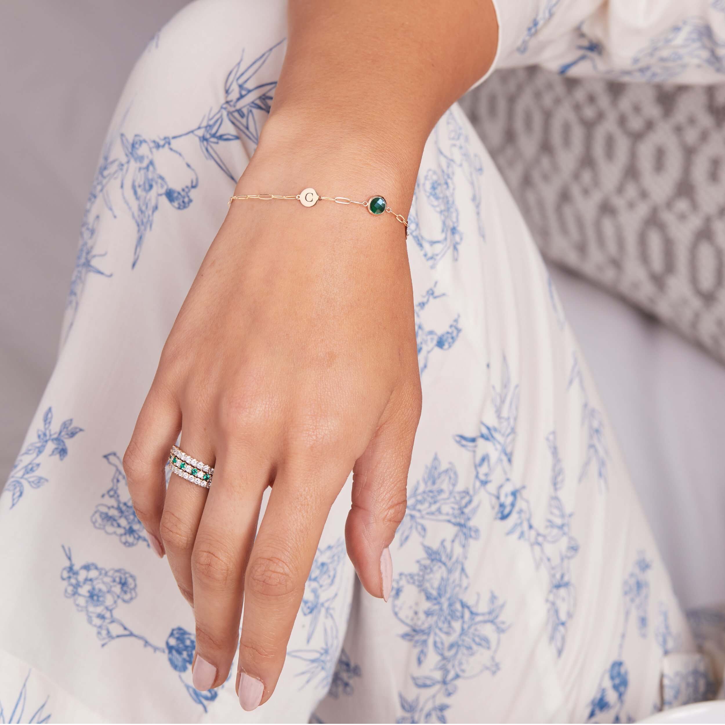 1 Letter & 1 Grand Emerald Adelaide Mini Bracelet in 14k Gold (May) - Image 3